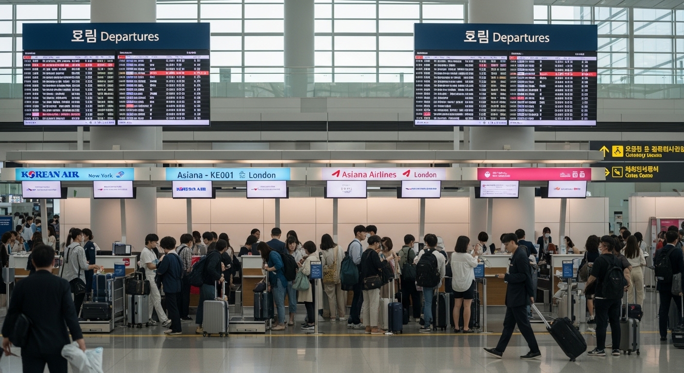 인천공항 출발 홀에서 많은 여행객들이 대기하고 있는 혼잡한 장면