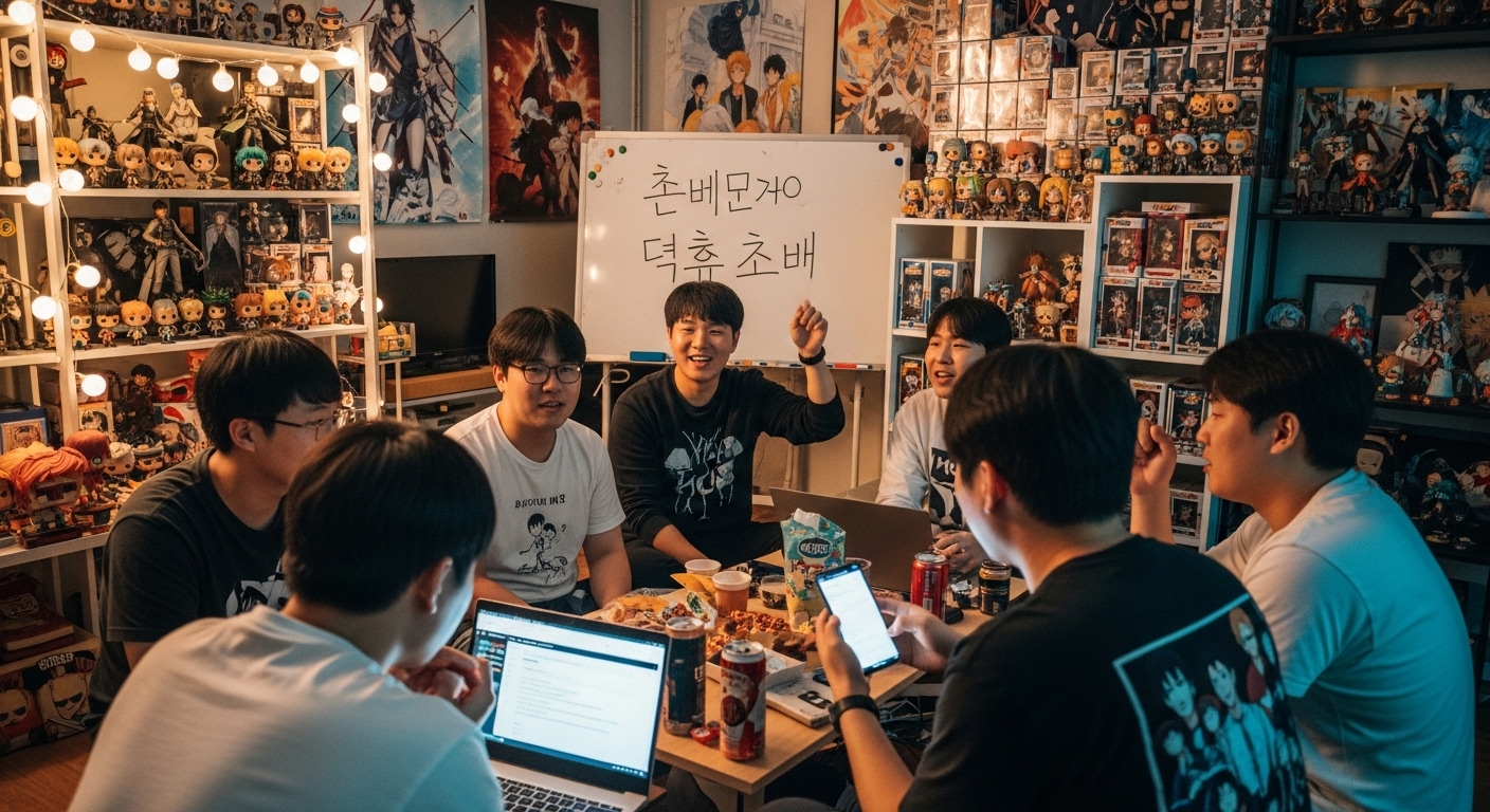 인기 애니메이션 포스터와 피규어로 가득한 방에서 모인 팬들이 단어에 대해 이야기하는 모습