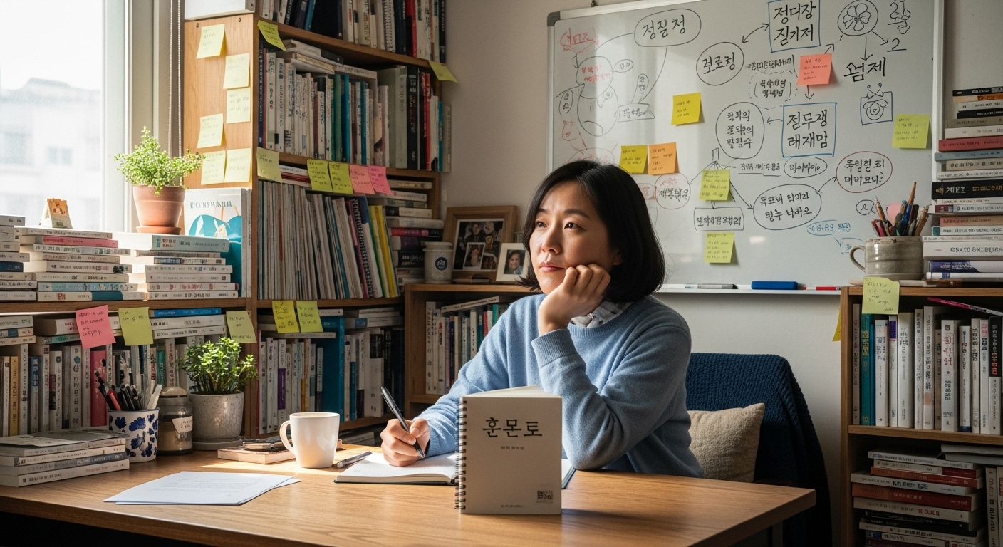 서재에서 책과 메모로 둘러싸여 소설 주제를 고민하는 작가의 모습