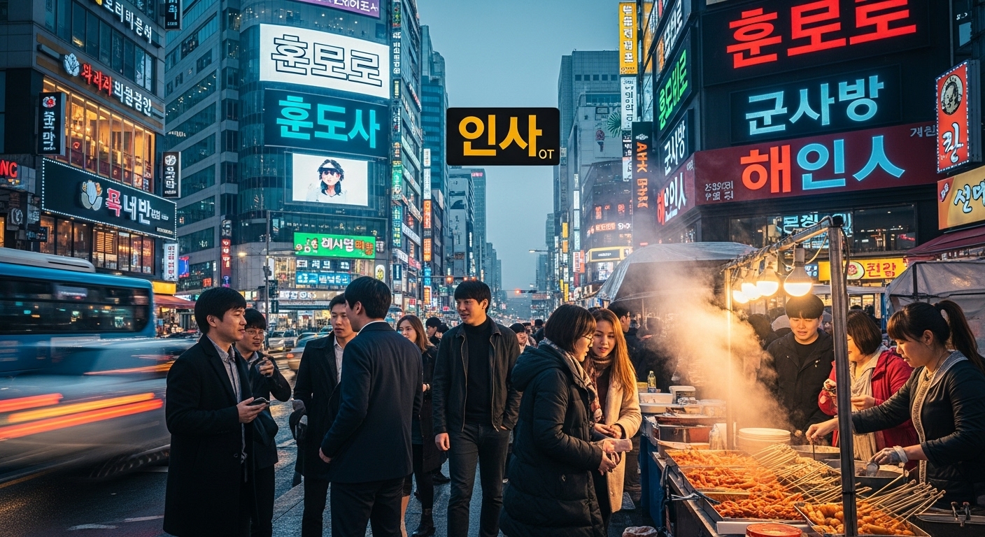 다양한 사람들이 여러 언어를 섞어 대화하는 바쁜 도시 거리 풍경