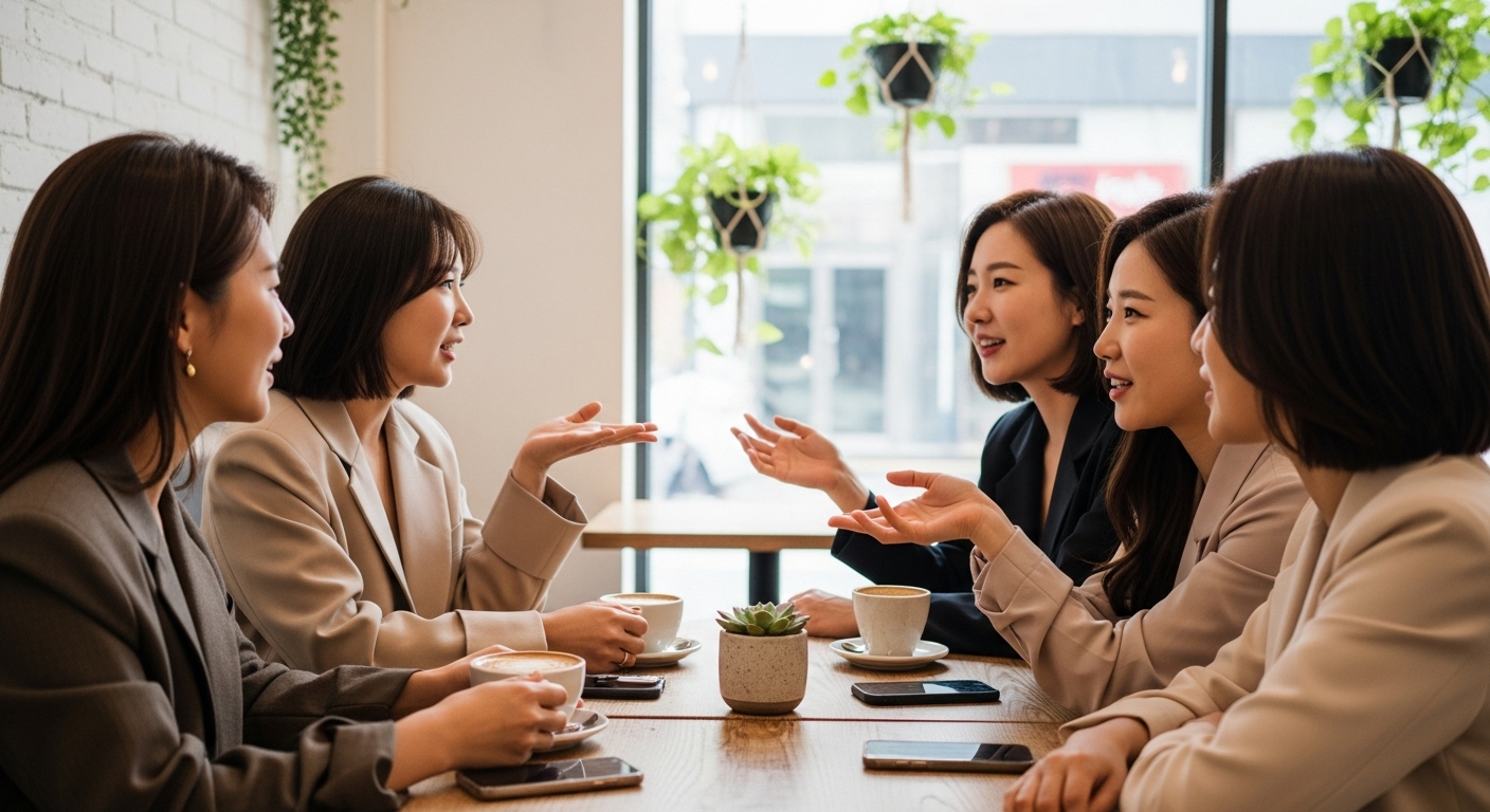 젊은 여성들이 카페에서 모여 페미니즘에 대해 활발히 토론하는 모습