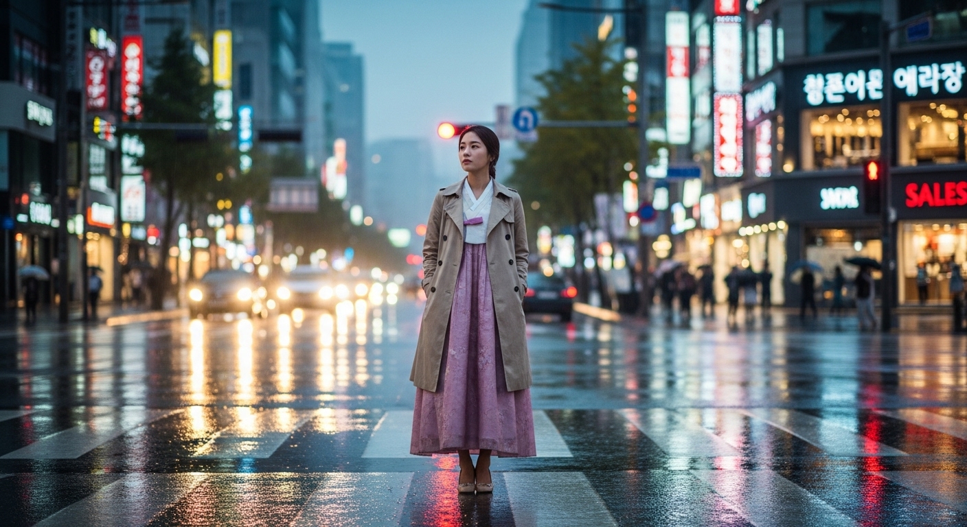 서울 거리 한복판에서 전통과 자아 실현 사이에서 고민하는 여성이 서 있는 장면