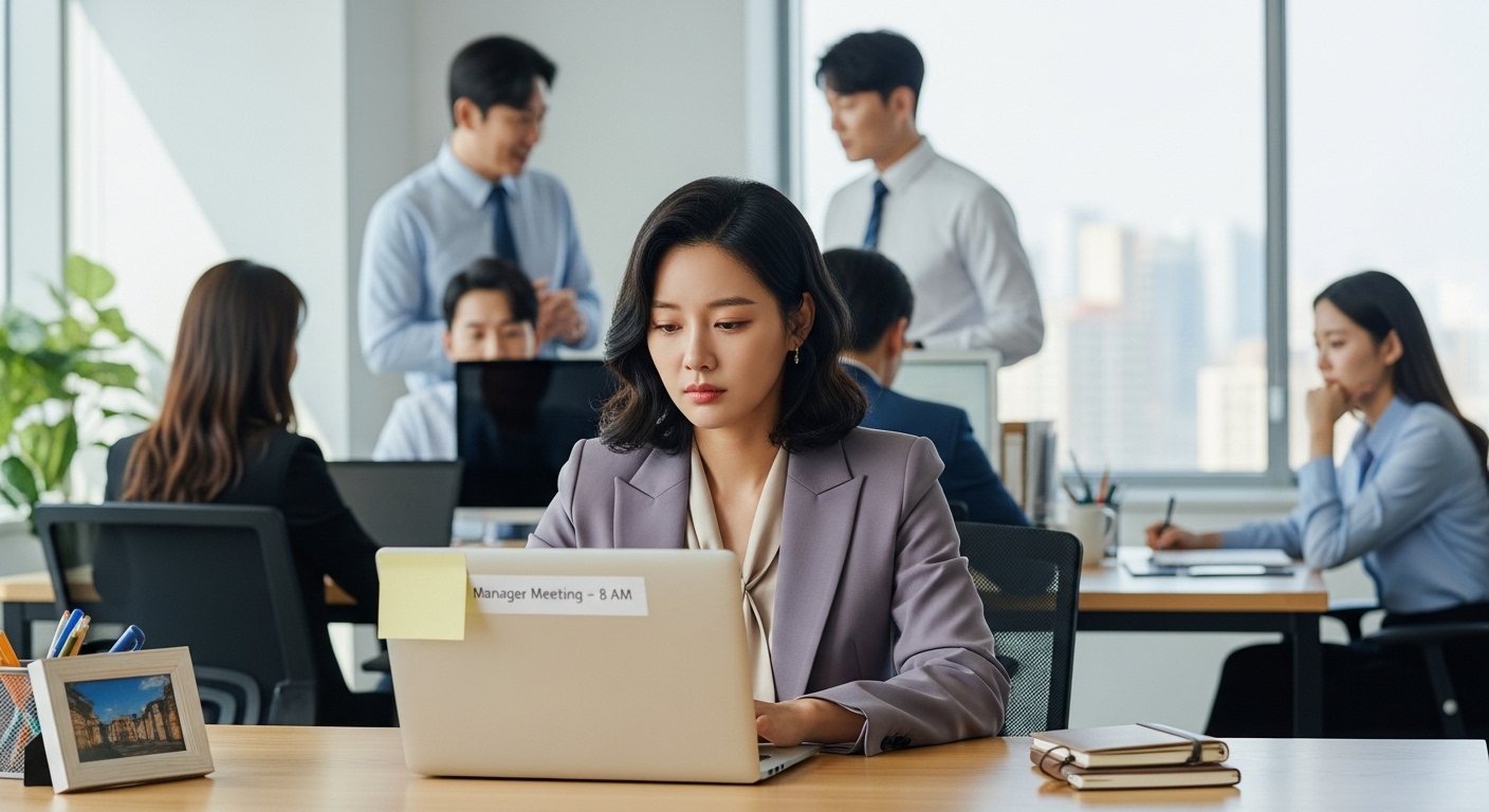 사무실에서 미묘한 성차별을 겪으며 개인적 목표를 조율하는 전문직 여성을 그린 이미지