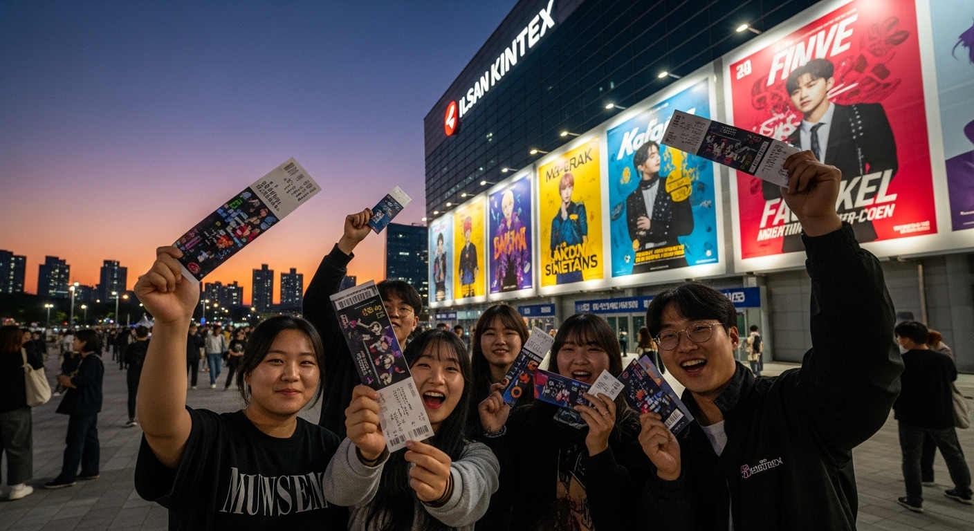 일산 킨텍스 앞에서 콘서트 티켓을 들고 있는 팬들 모습