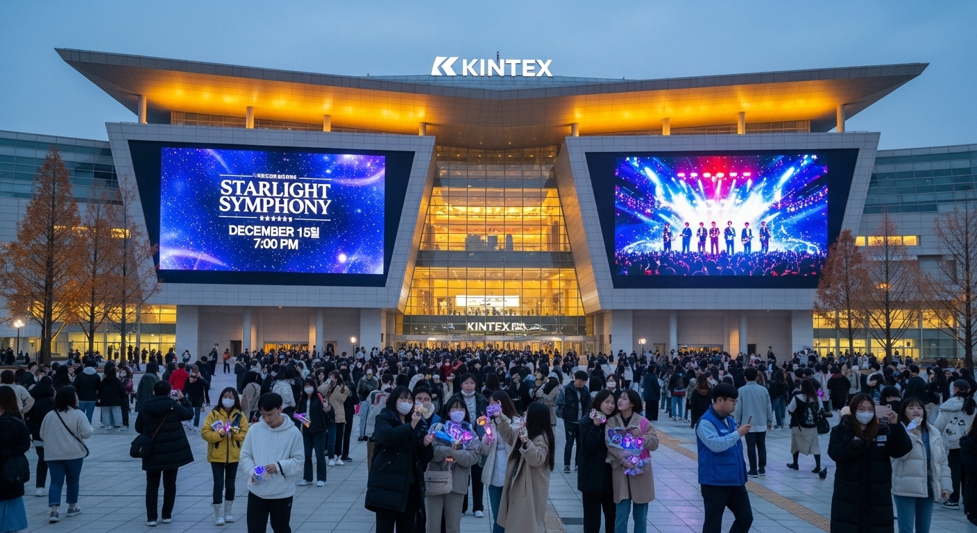 킨텍스 외관과 입구에 모여드는 관객들 모습
