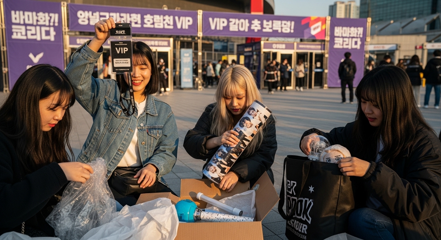 콘서트장에서 VIP 패키지를 확인하는 팬들의 모습