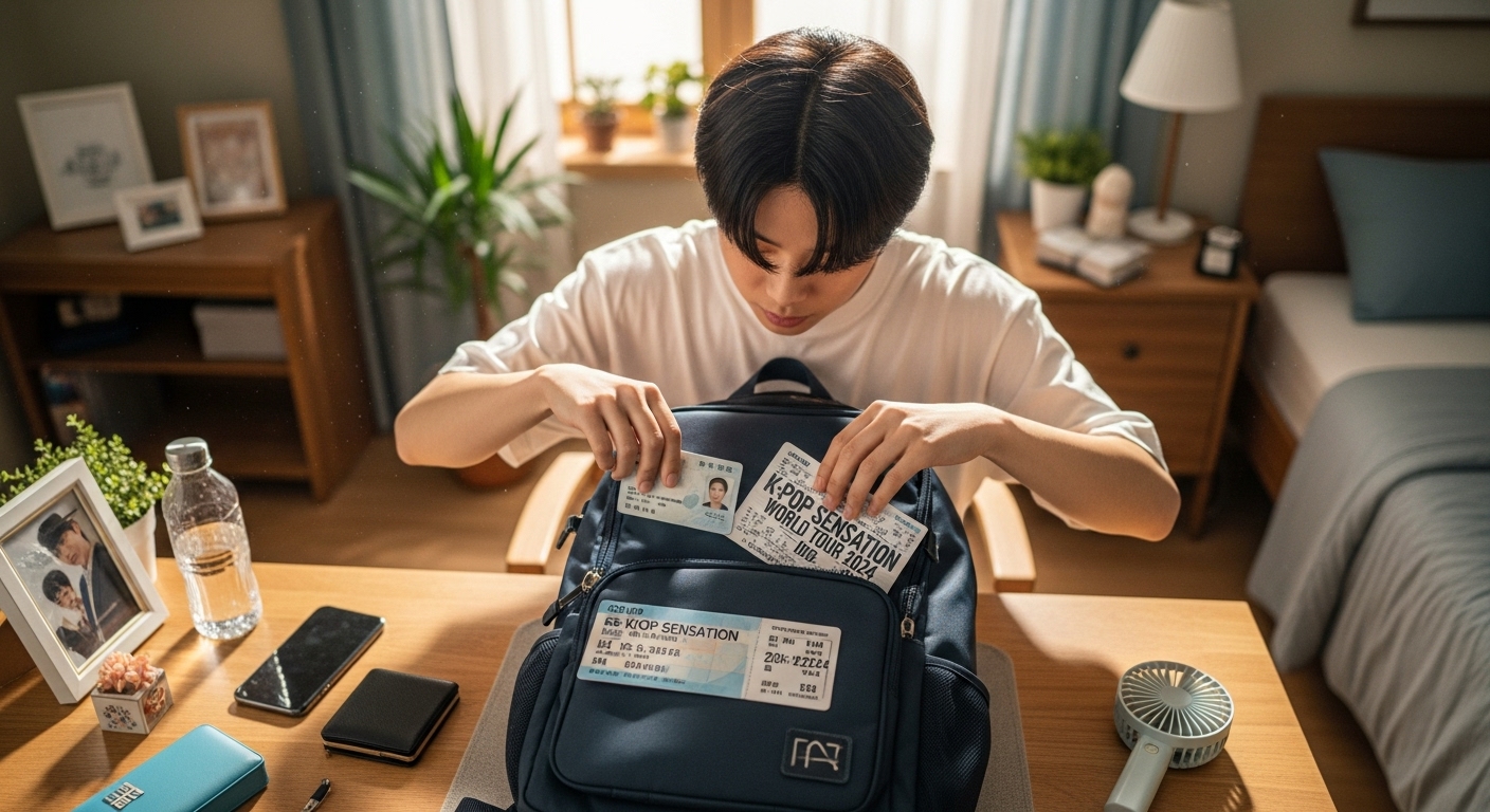 콘서트 전 집에서 준비물을 챙기는 젊은이의 모습