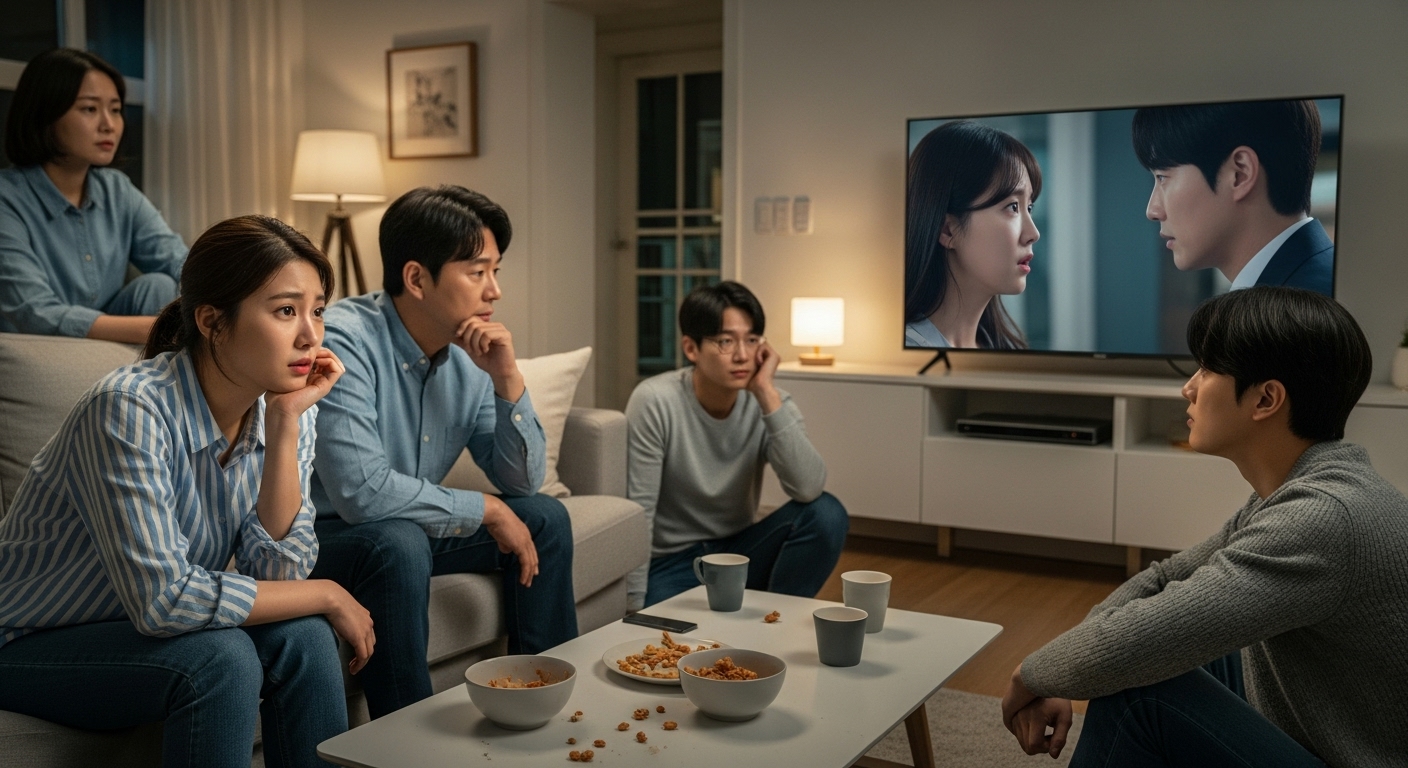 한국 현대인들이 거실에서 드라마를 시청하며 감동받는 모습