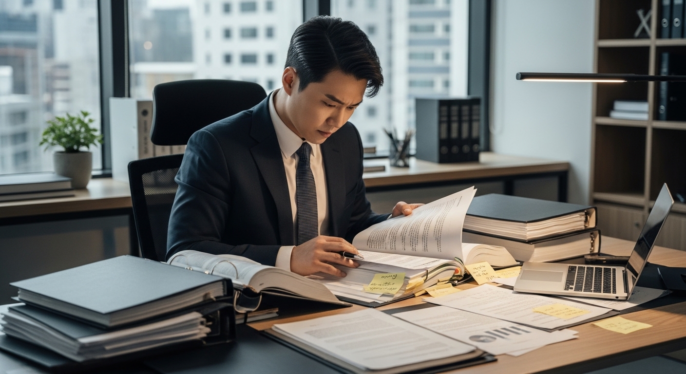 현대적인 사무실에서 법률 서류를 검토하는 결단력 있는 전문가