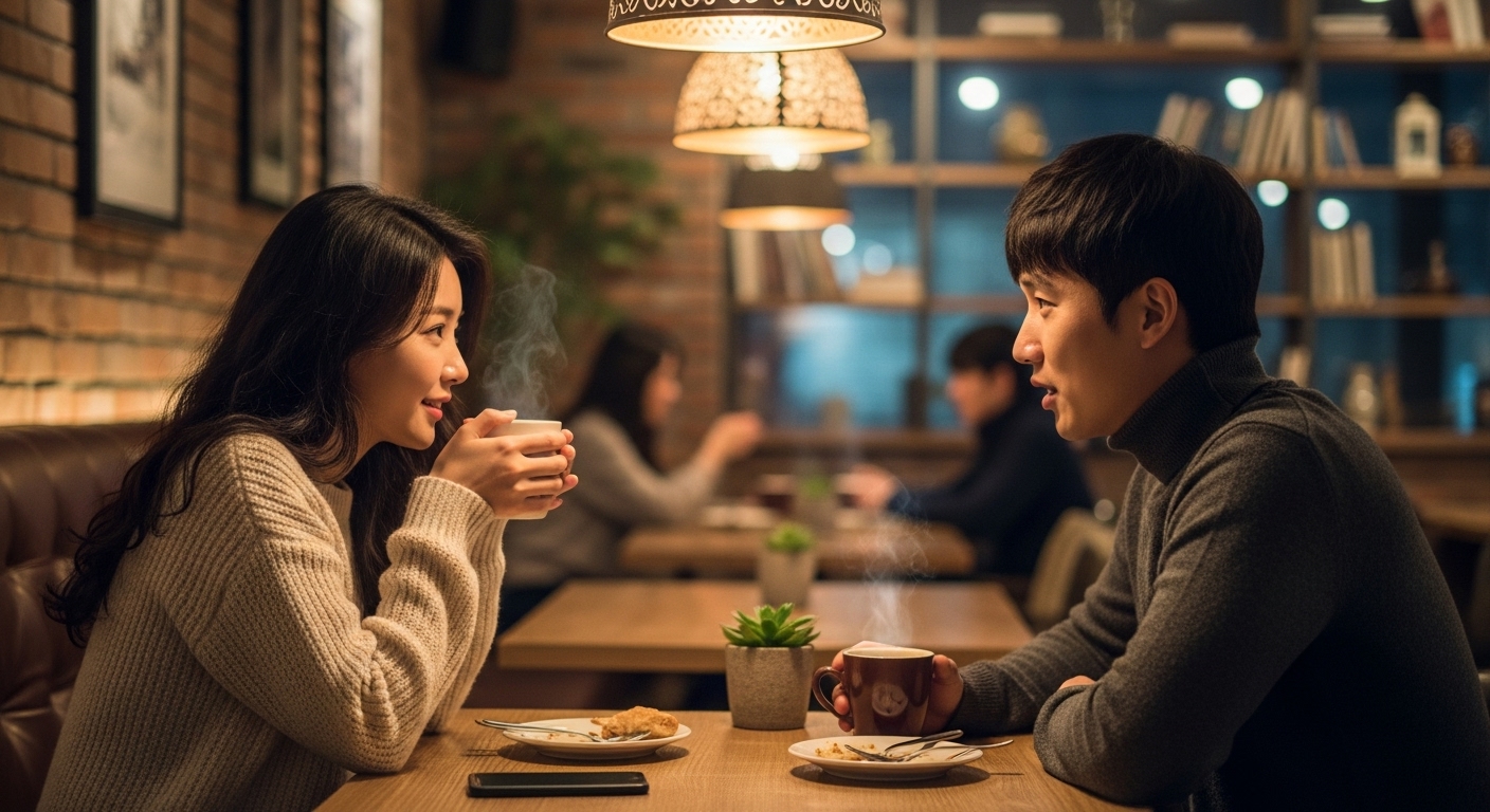 아늑한 카페 테이블에서 따뜻한 대화를 나누는 두 친구