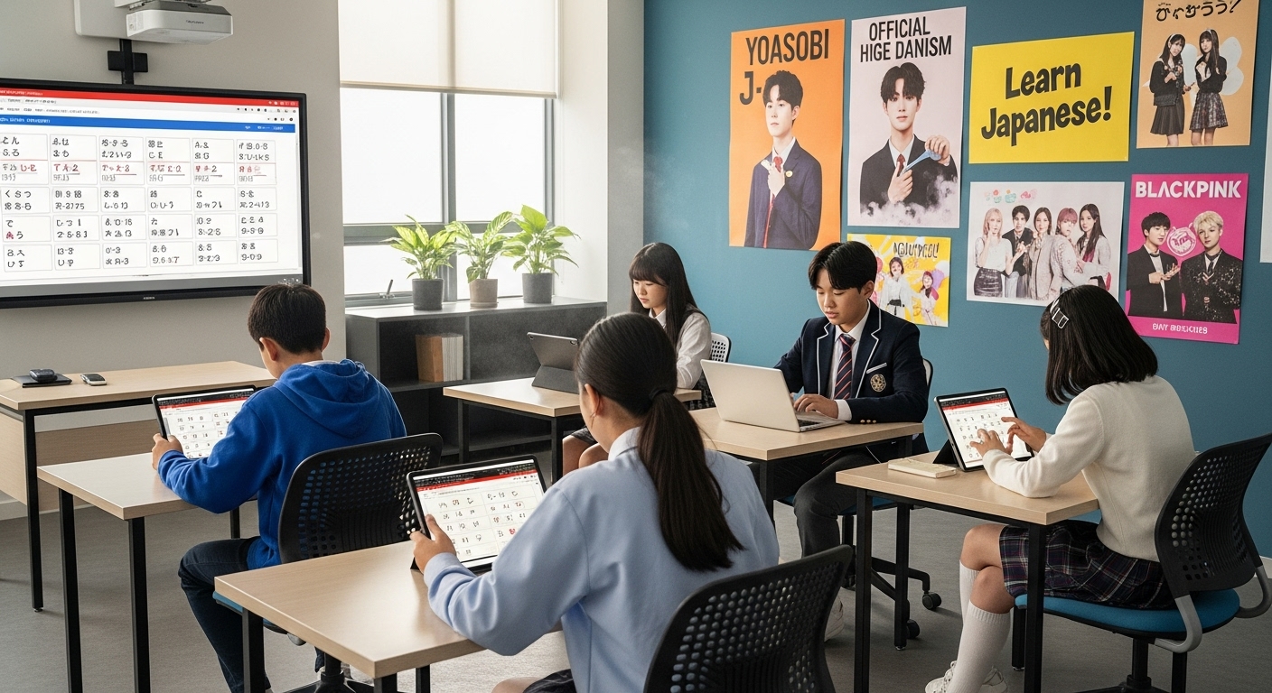 현대적인 교실에서 디지털 기기를 활용하여 일본어를 배우는 젊은 학생들 모습