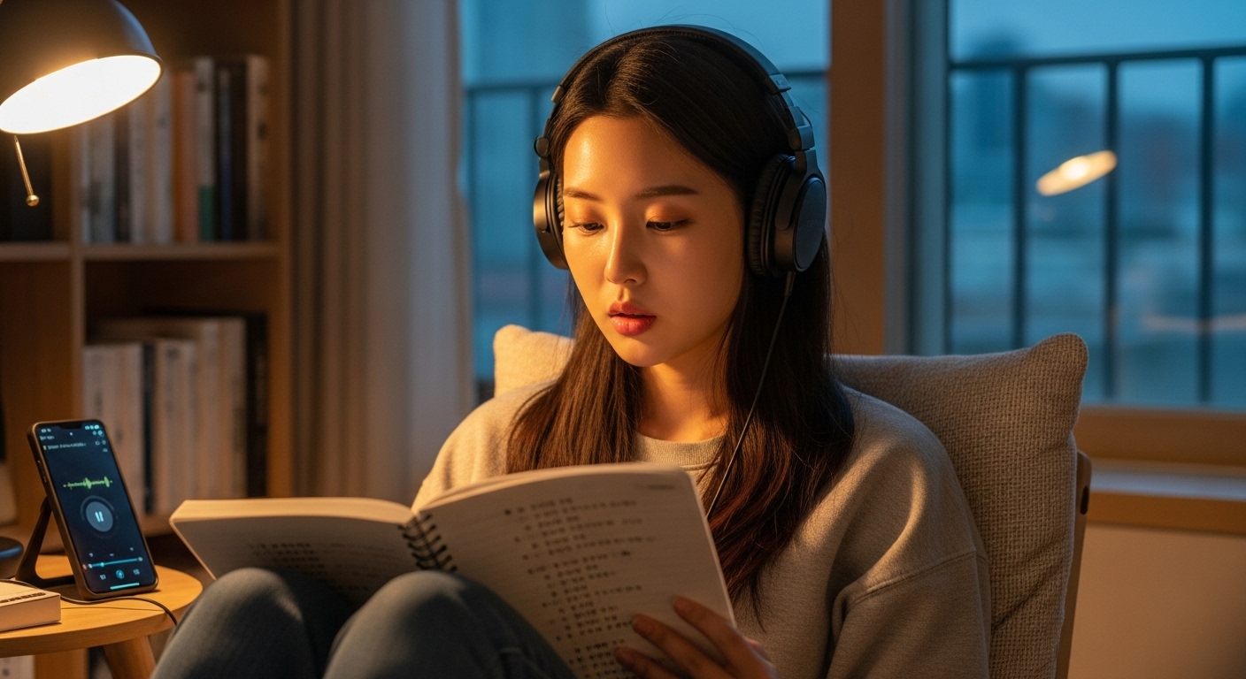 편안한 방에서 노트북에 적힌 가사를 보며 섀도잉 기법을 연습하는 학생