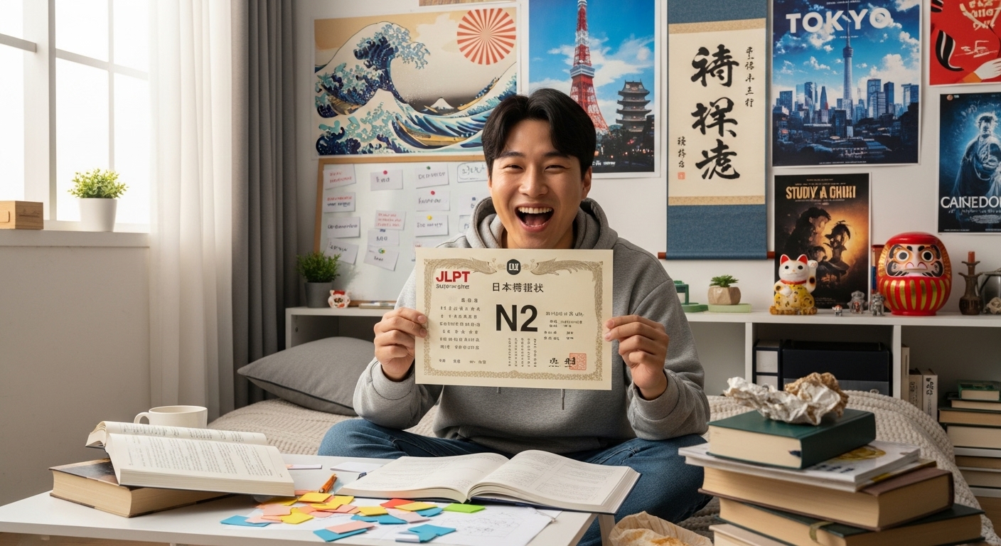 JLPT N2 시험 합격을 축하하며 공부 자료와 함께 있는 학생
