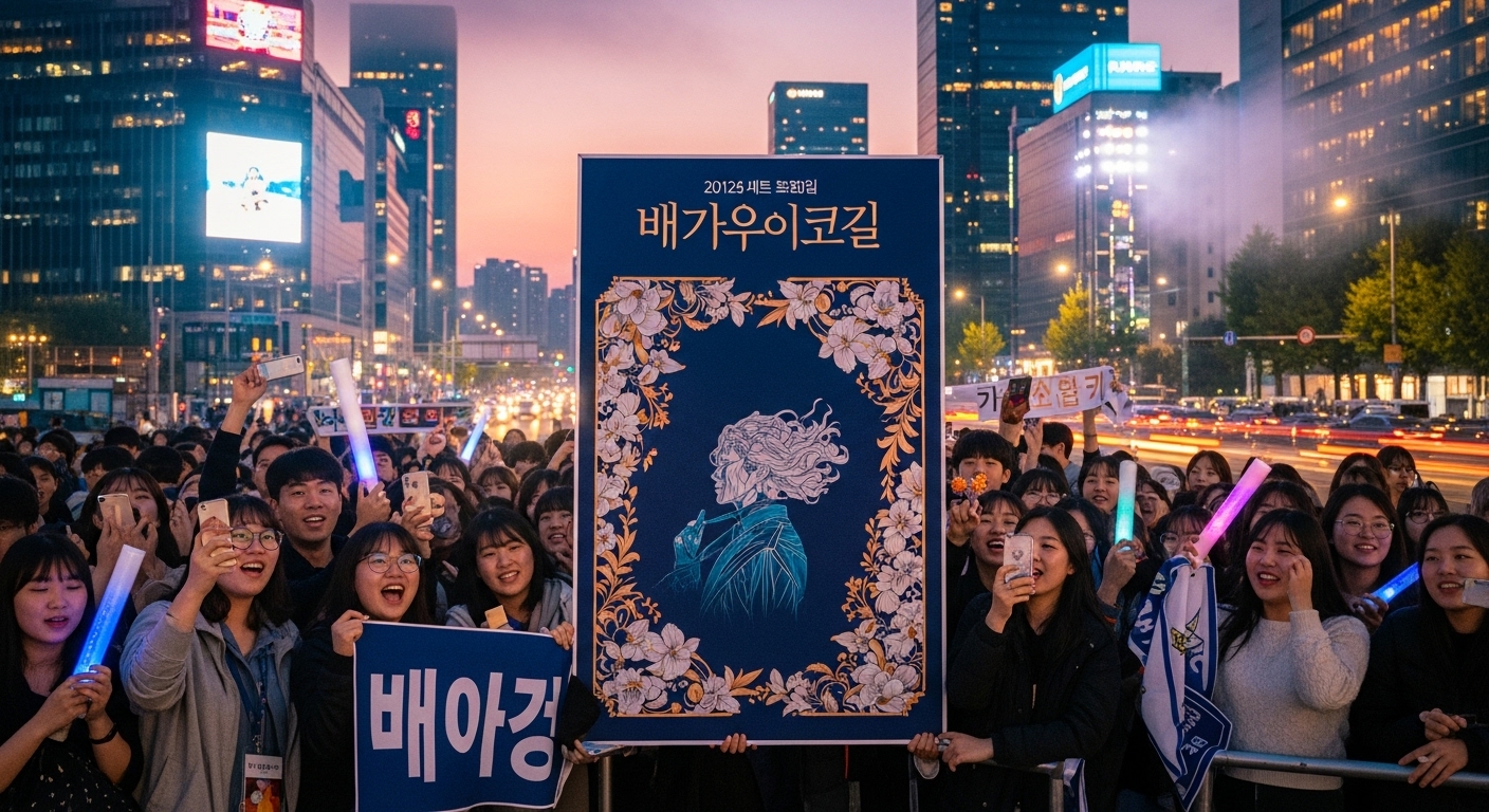 팬들이 대형 포스터 앞에서 기대에 찬 모습으로 모여 있는 장면