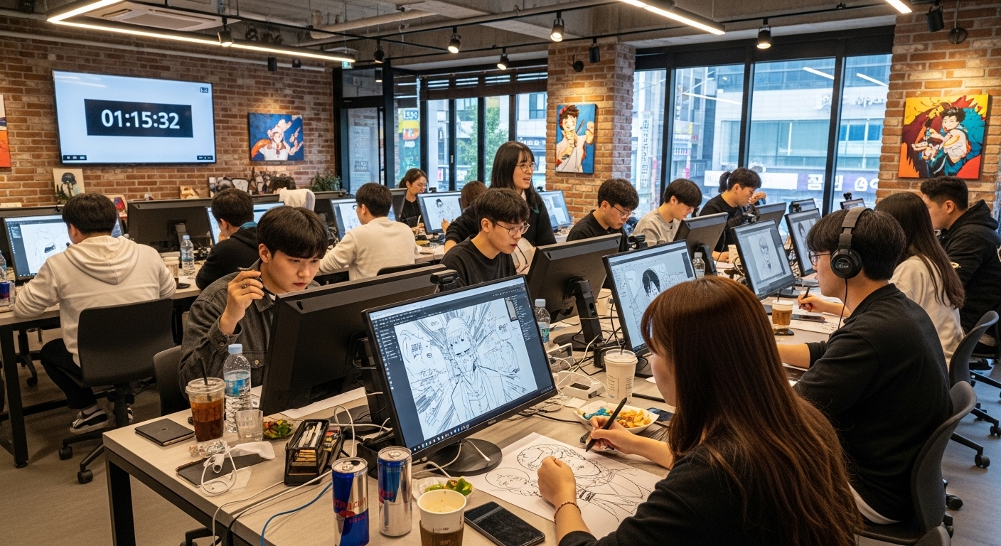 젊은 사람들이 도심 아트 스튜디오에서 웹툰 공모전에 참여하는 모습
