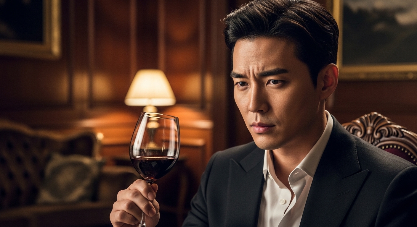 와인 잔을 들고 깊은 생각에 잠긴 남성의 모습과 미묘하게 드러나는 질투심