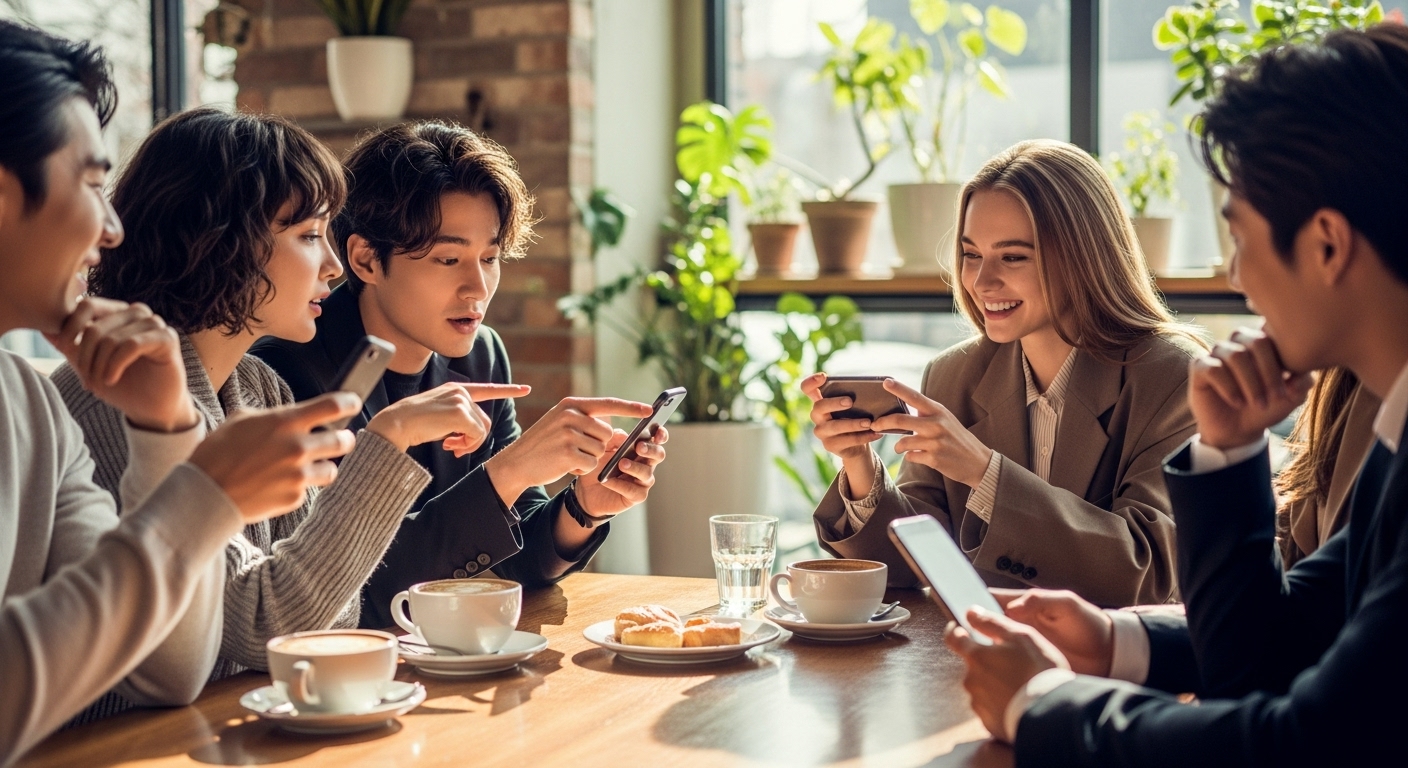 젊은 한국인들이 카페에서 스마트폰으로 '나쁜 남자' 트렌드를 이야기하는 모습