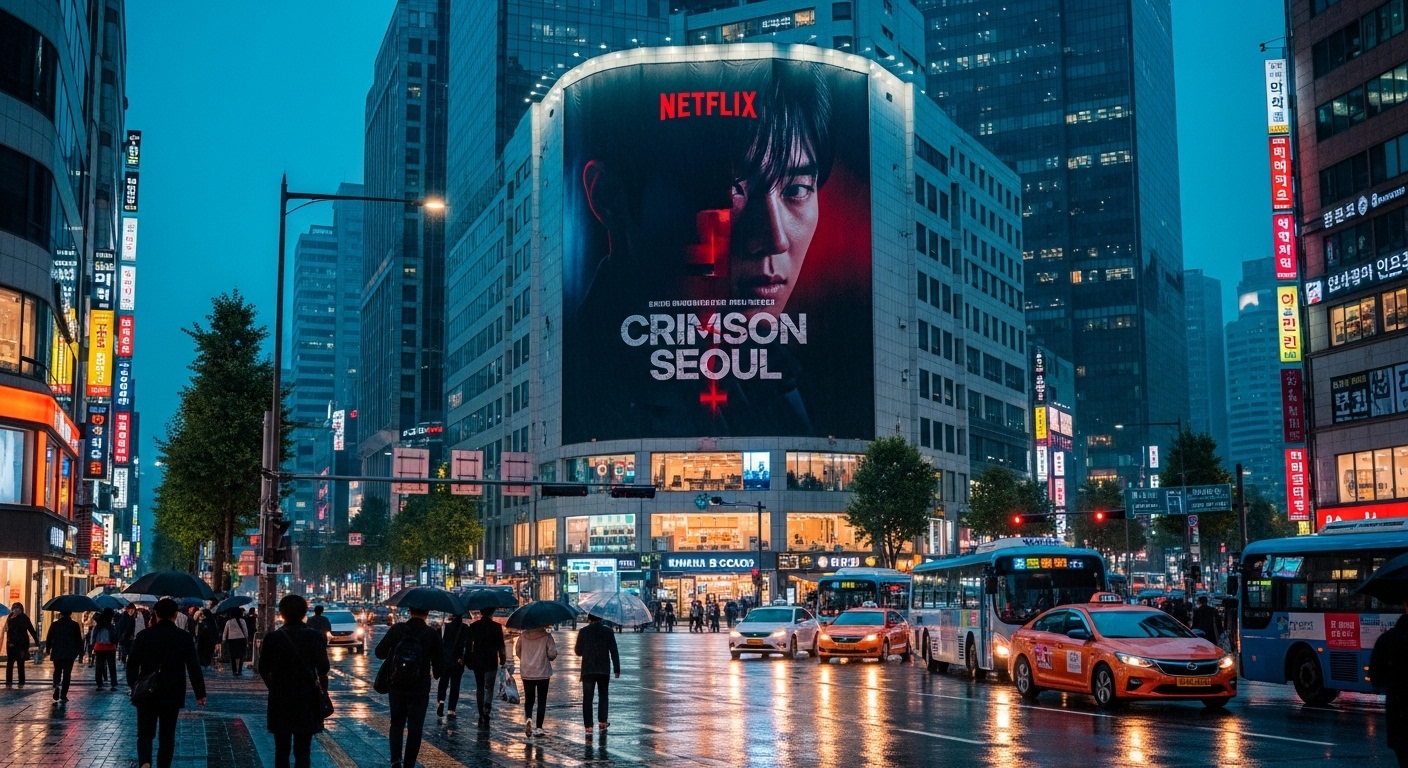 한국 도시 배경 속 넷플릭스 스릴러 드라마 광고판과 지나가는 사람들