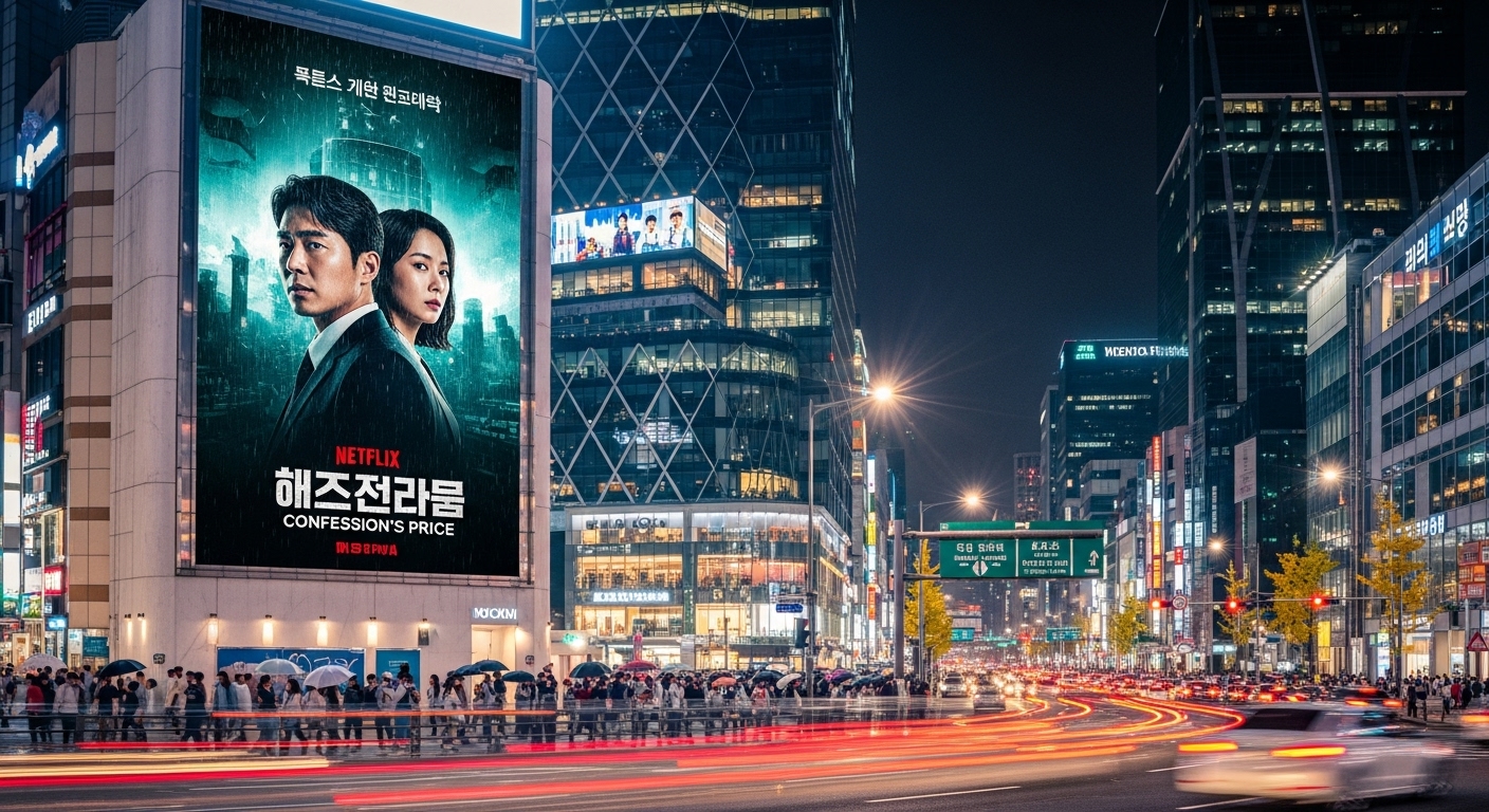 서울 도심에서 네온사인과 함께 '자백의 대가' 포스터가 디지털 광고판에 걸린 장면