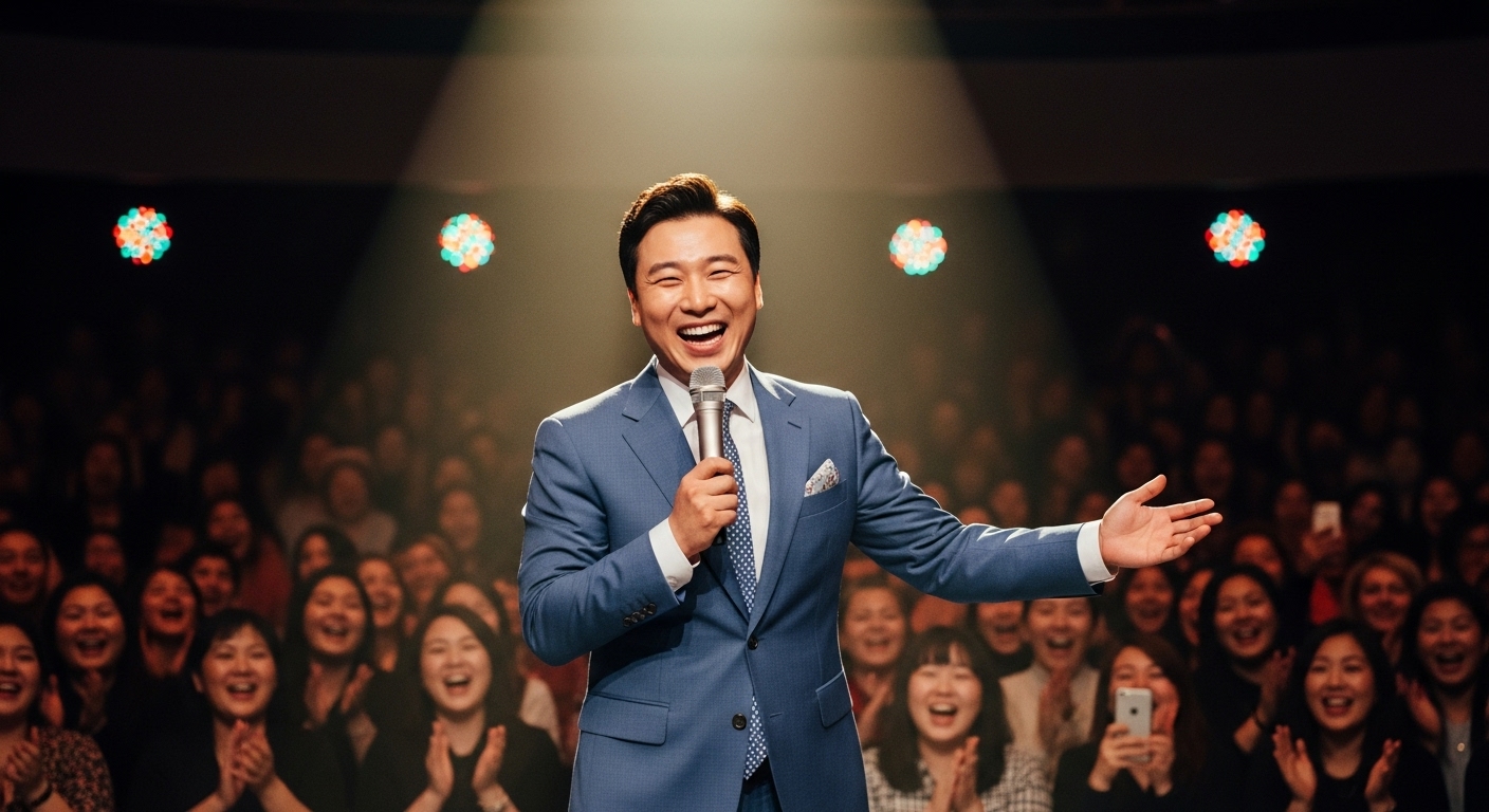 무대 위에서 마이크를 들고 있는 즐거운 개그맨의 모습