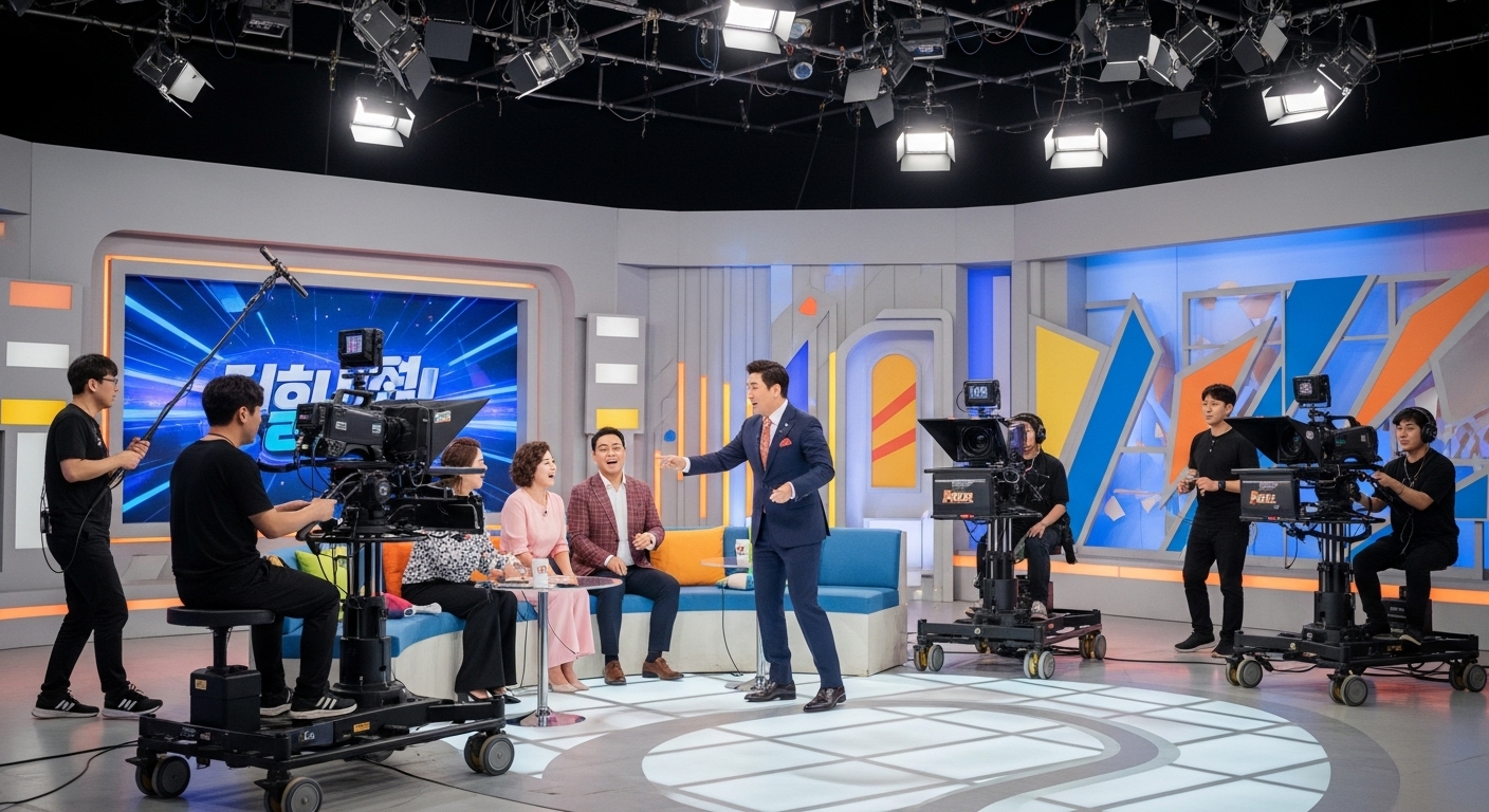 텔레비전 스튜디오에서 공동 진행자들과 대화를 나누고 있는 개그맨