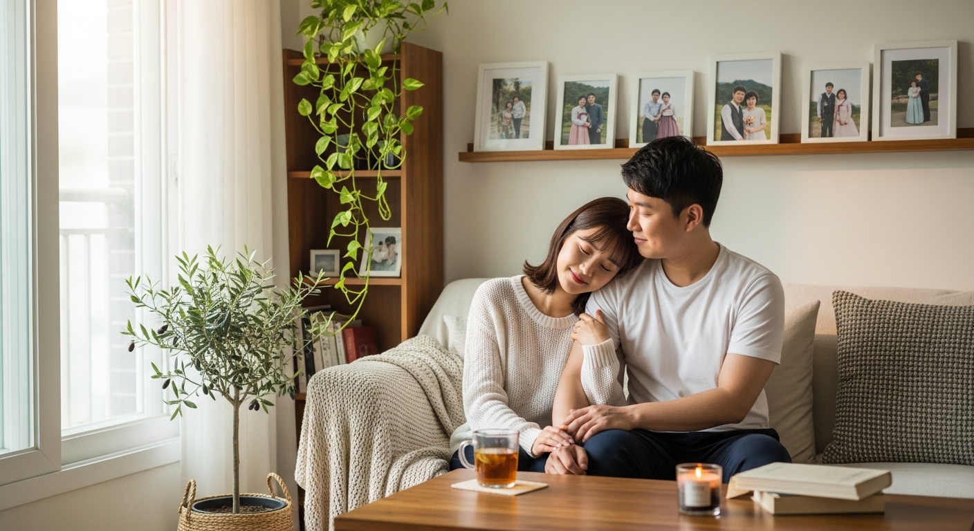 새신랑과 신부가 아늑한 거실에서 시간을 보내는 모습