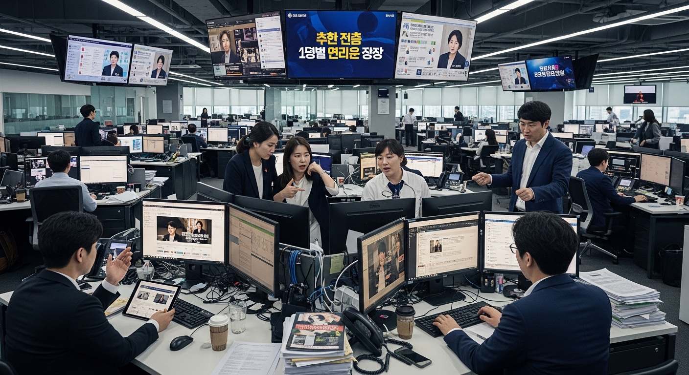 현대 한국의 뉴스룸에서 기자들이 연예인 스캔들을 논의하는 긴장된 장면