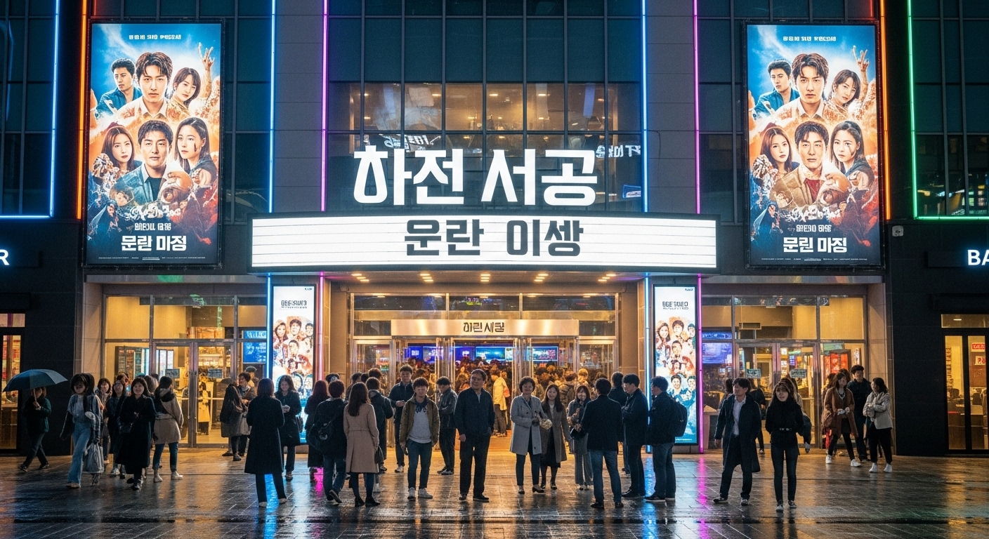 현대적인 한국 영화관 외부 모습과 '윗집 사람들' 포스터, 활기찬 관객