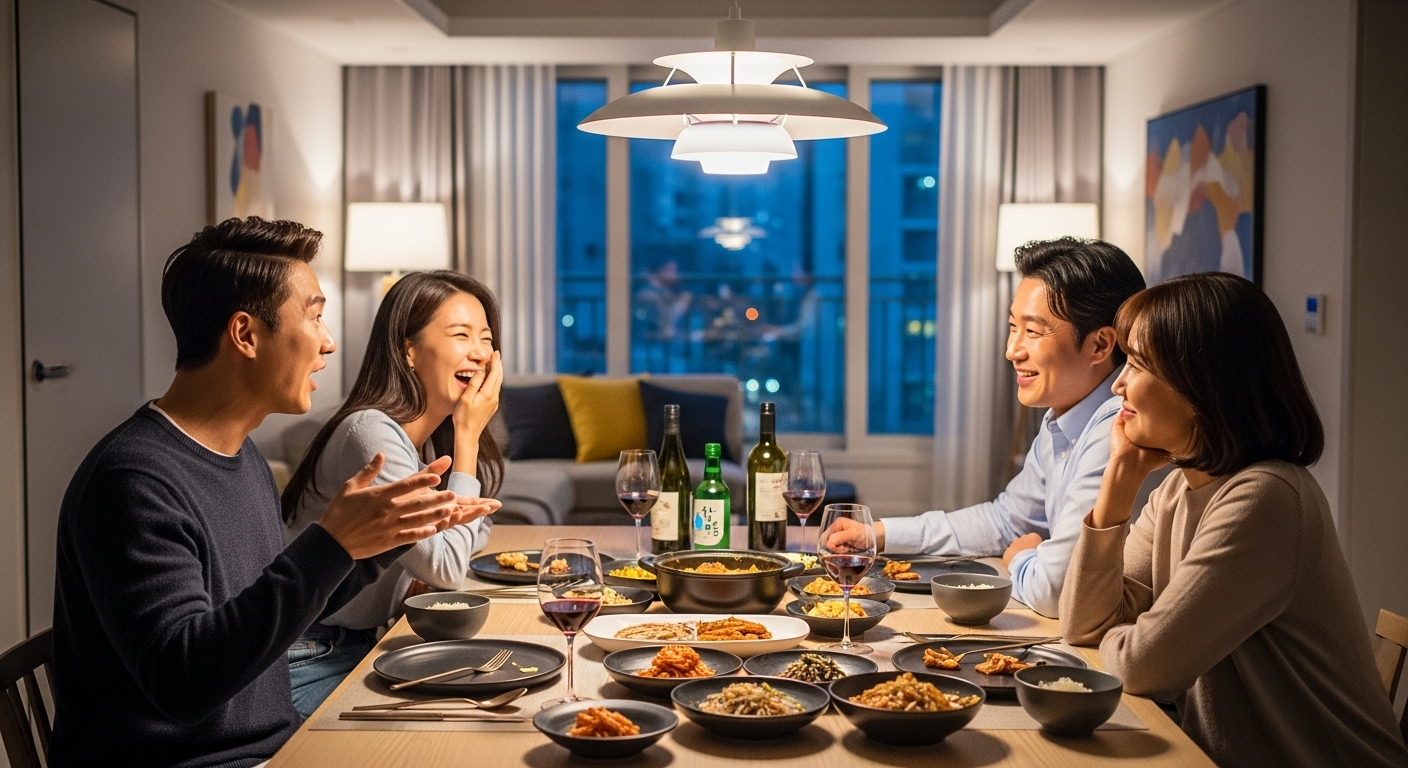 두 쌍의 한국인 부부가 세련된 식탁에서 대화를 나누는 아파트 내부