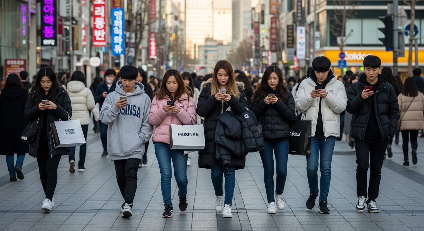 젊은 성인들이 스마트폰을 확인하며 활기찬 거리에서 인기 브랜드 의상을 입고 있는 장면