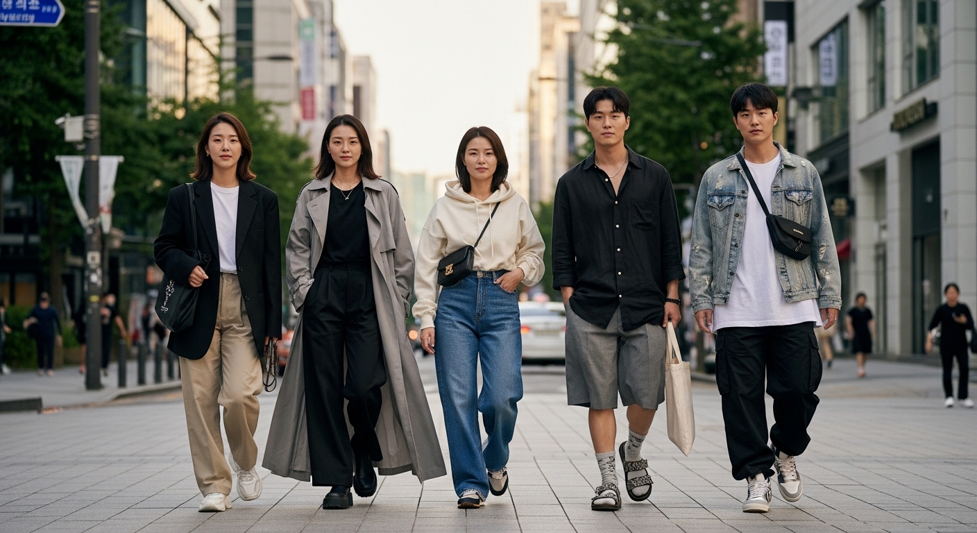 현대적 도시 풍경 속에서 뉴트로와 미니멀리즘 스타일의 패션을 입고 걷는 한국 밀레니얼들