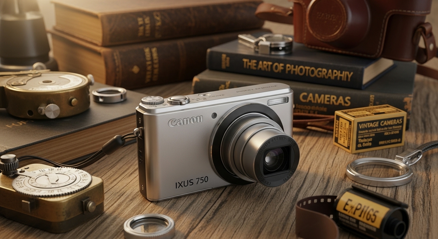 금속 바디의 캐논 IXUS 750 카메라가 빈티지 사진 관련 소품과 함께 테이블 위에 놓인 모습