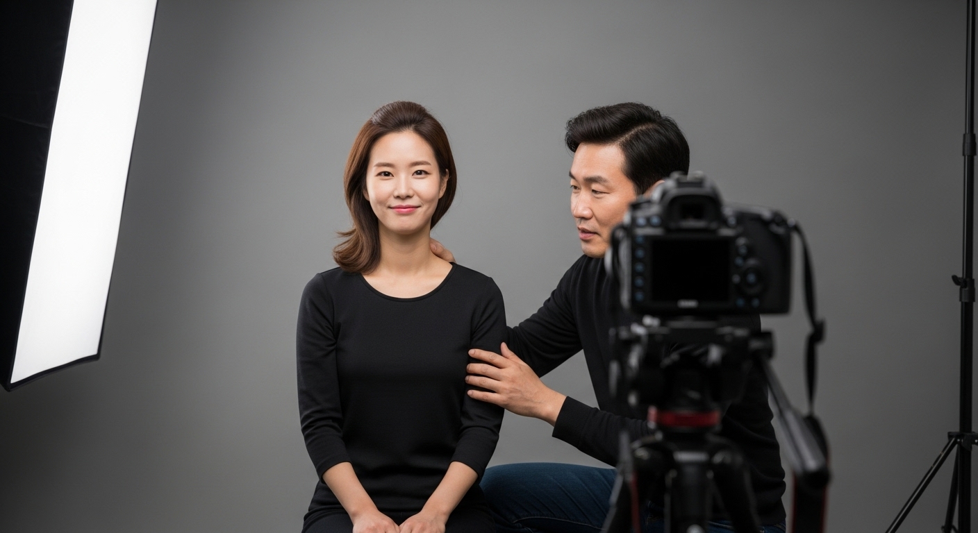 운전면허용 사진 촬영 스튜디오에서 소이증 환자가 촬영을 받고 있는 장면