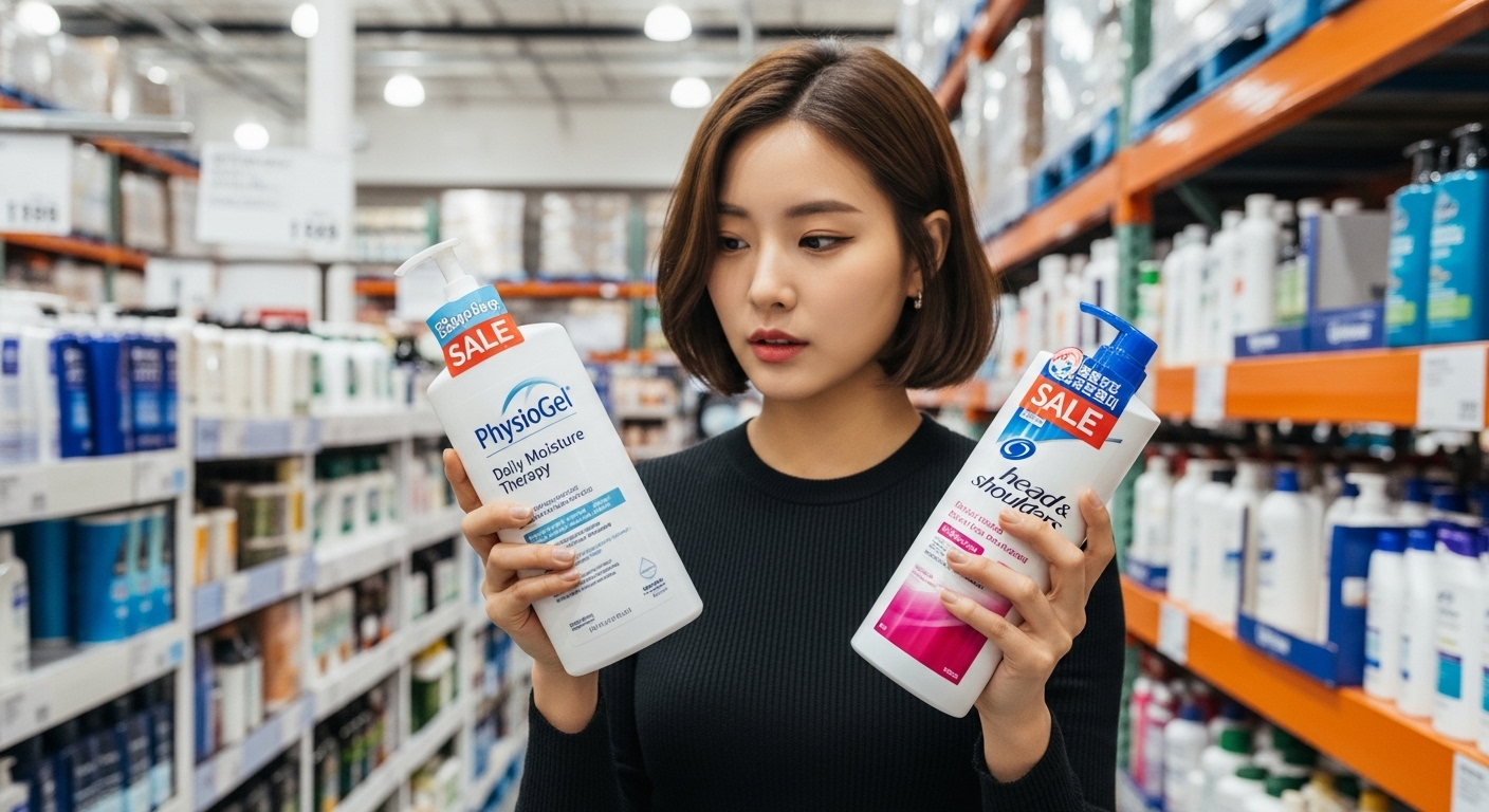 피지오겔 크림과 헤드앤숄더 샴푸 같은 미용제품을 살펴보는 젊은 여성
