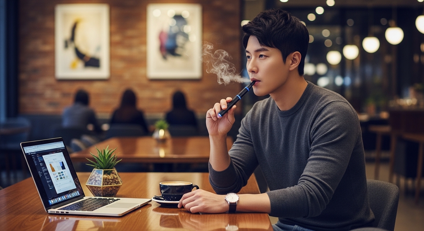 세련된 카페에서 전자담배를 사용하는 젊은 남성