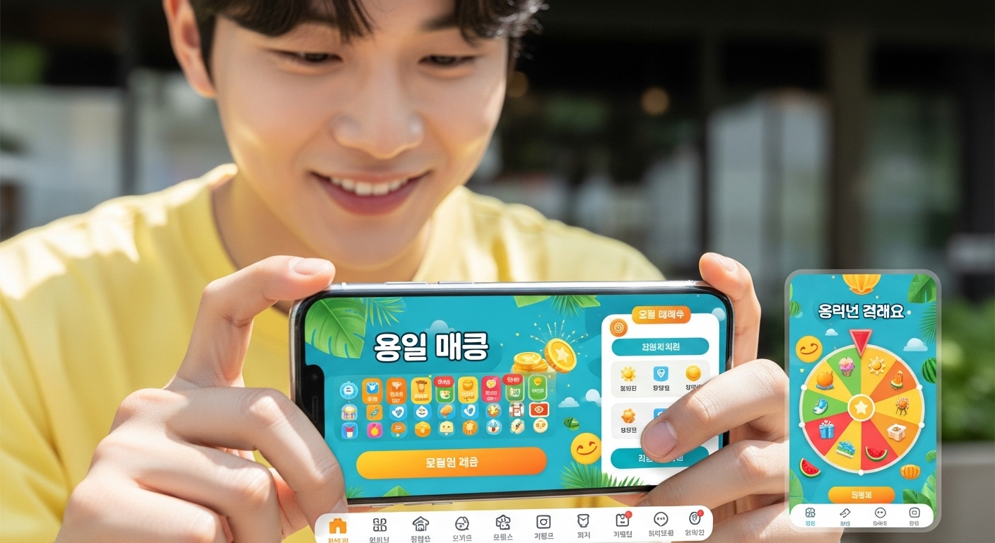 스마트폰 화면에서 여름 색감의 인터페이스와 디지털 리워드가 보이는 모습
