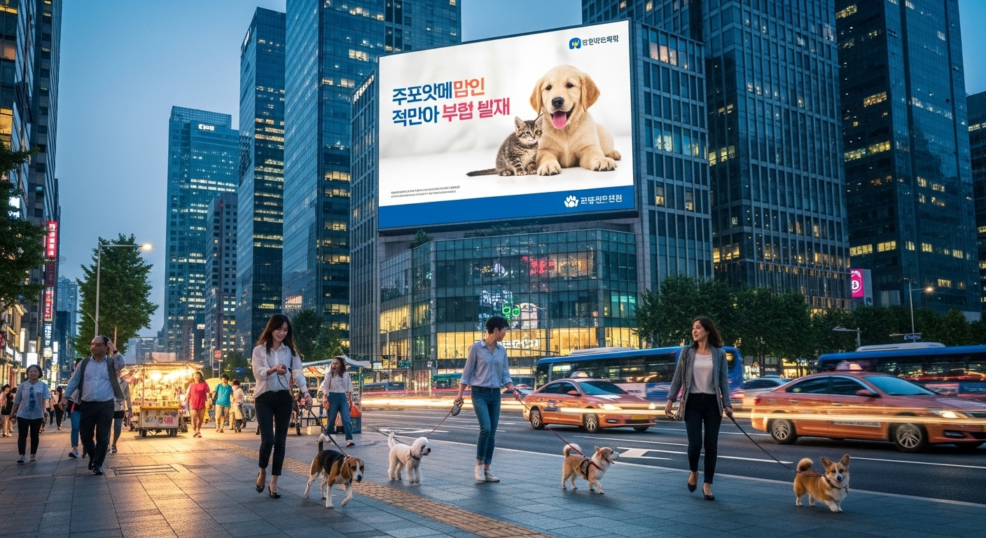 도심 거리에서 대형 광고판에 펫보험 광고가 표시되고 사람들은 개와 함께 산책하는 장면