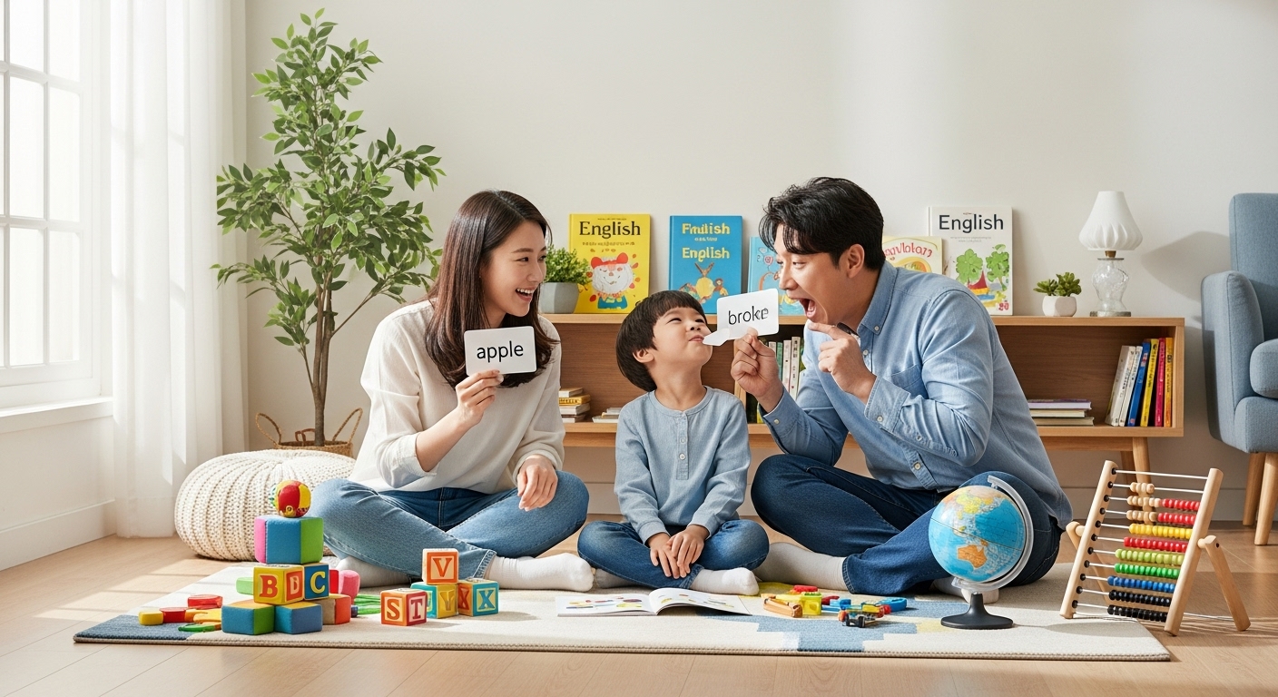 현대적 가정 환경에서 부모와 함께 놀이형 영어 발음을 배우는 아이