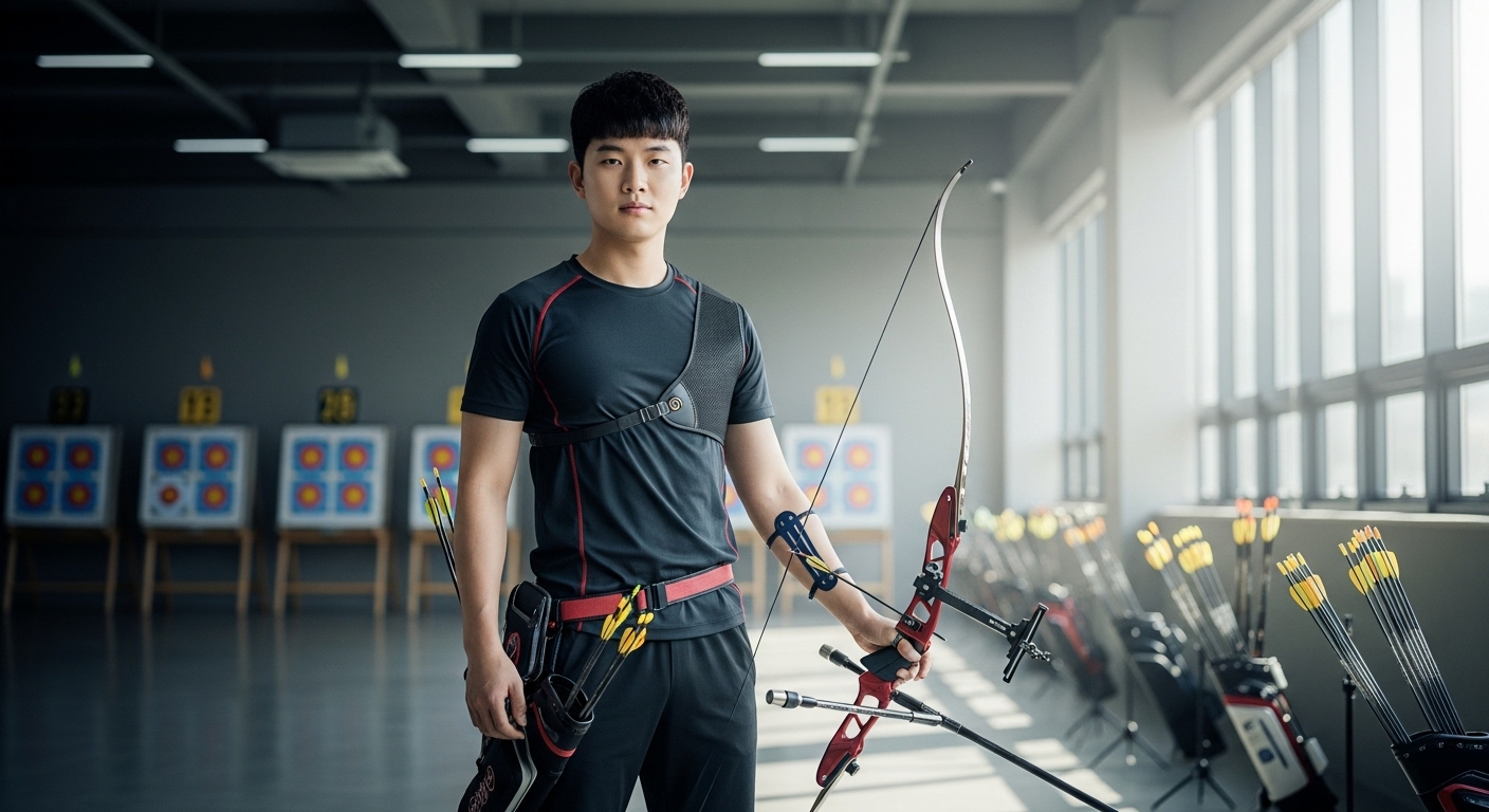 집중한 표정으로 서 있는 한국 남자 양궁 선수의 모습