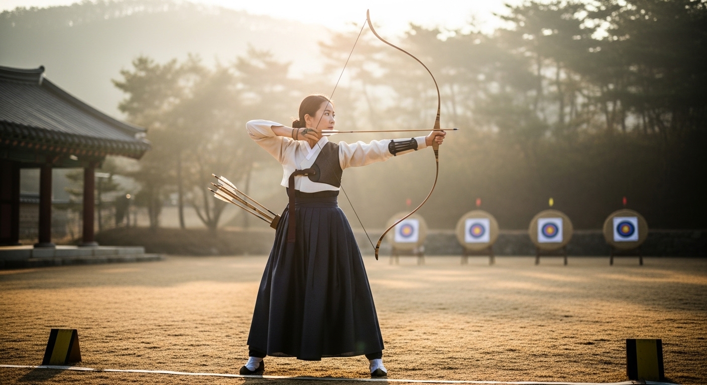 아침 일찍 사격장에서 자세와 기술에 집중하는 한국 양궁 선수