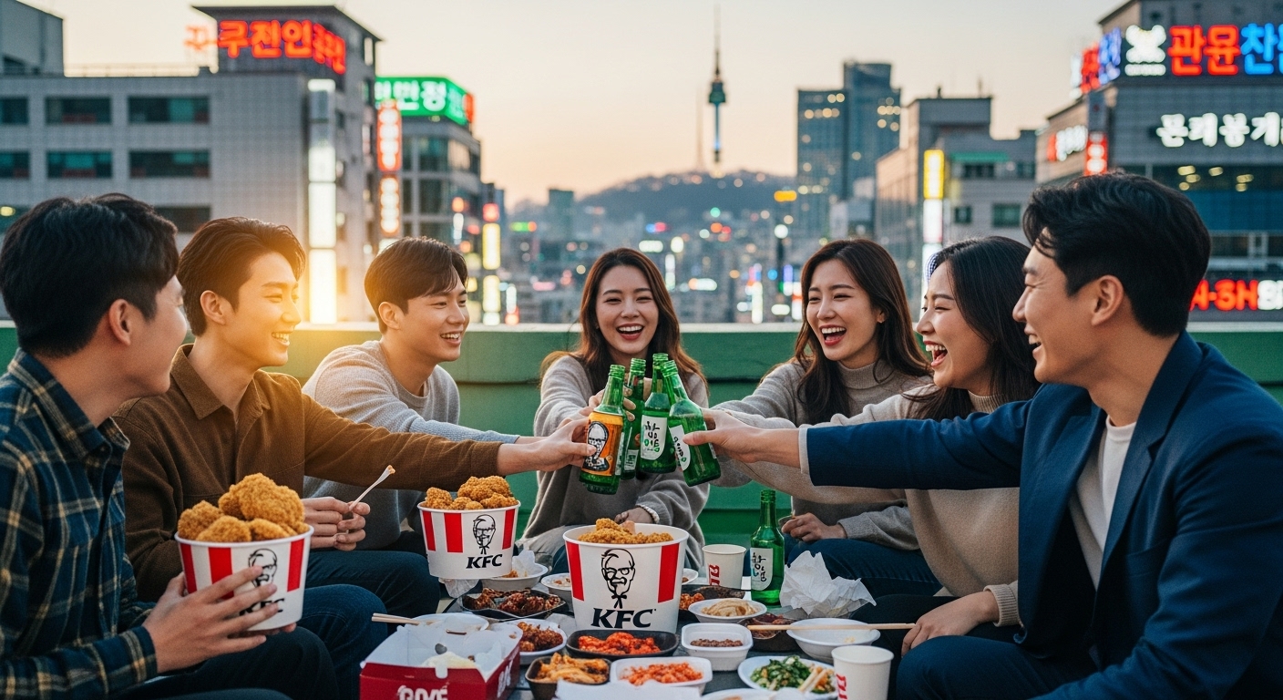 서울 도심 야경을 배경으로 옥상에서 친구들이 KFC 치킨을 즐기는 모습