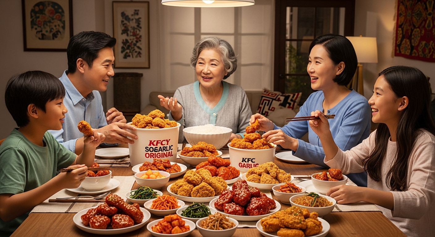 가족이 집에서 다양한 KFC 치킨과 사이드를 즐기며 화목하게 대화하는 장면