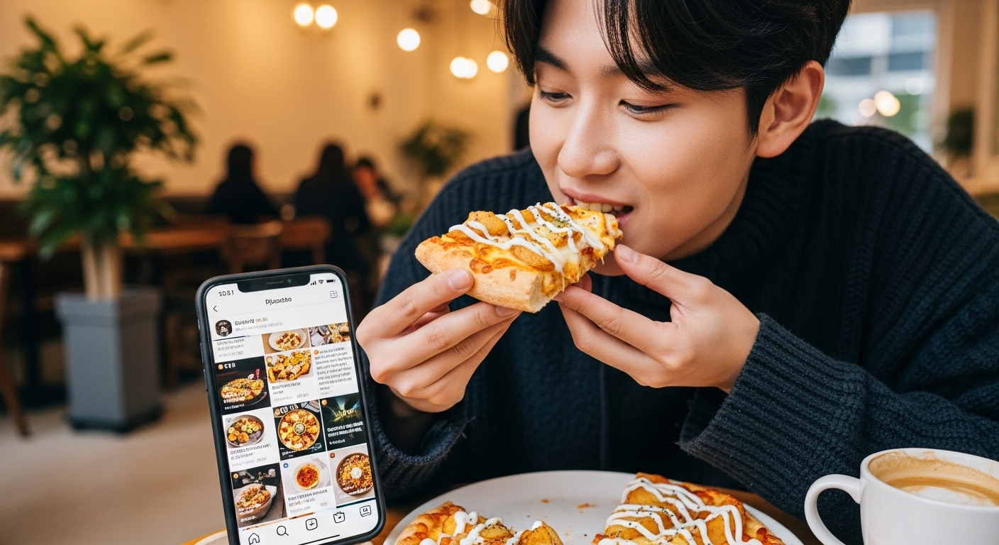 젊은 성인이 트렌디한 카페에서 오지 치즈 포테이토 피자를 즐기며 스마트폰에 SNS 게시물이 떠 있는 모습