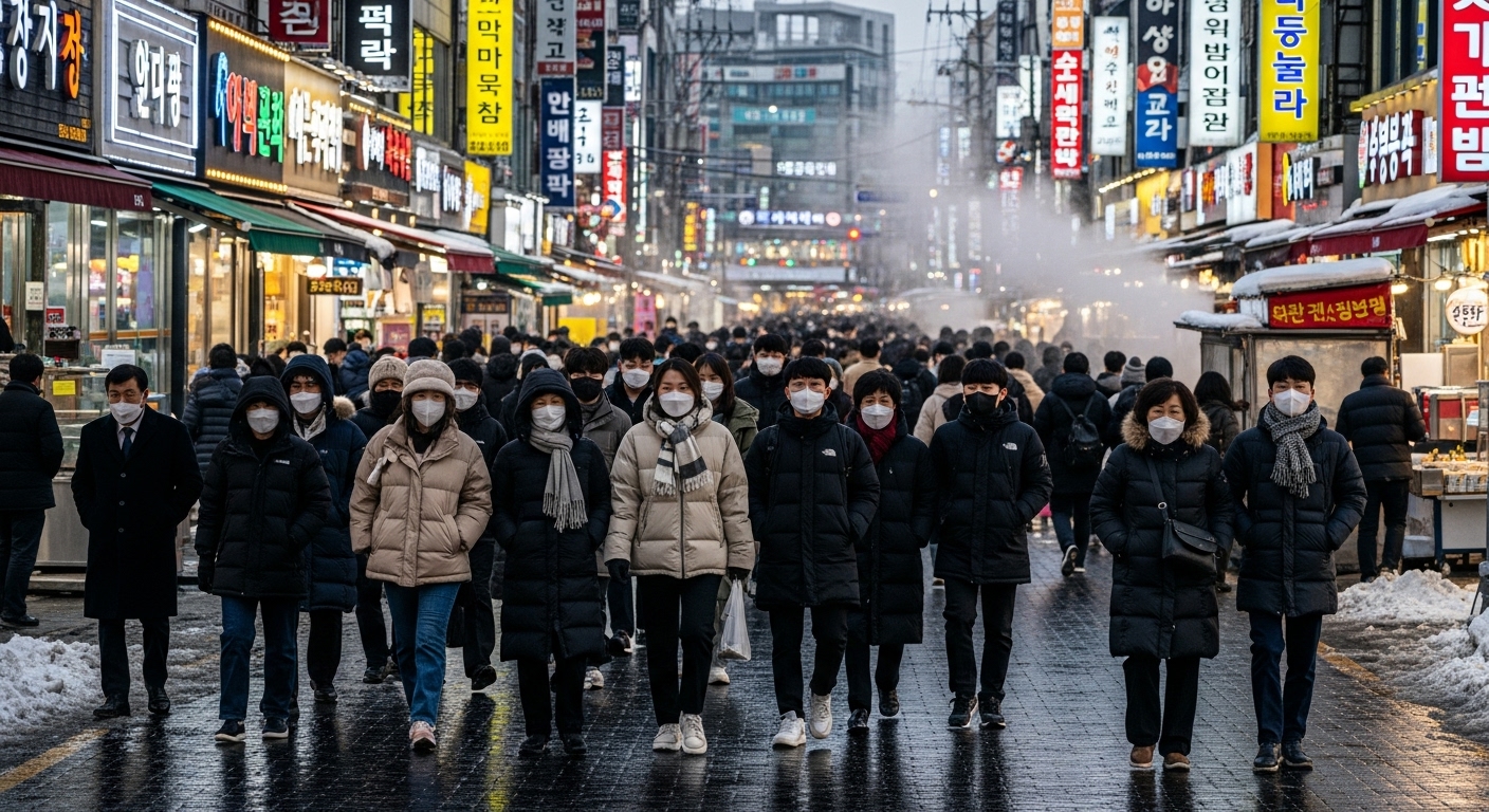 겨울옷을 입고 마스크를 쓴 사람들이 바쁜 한국 거리의 모습