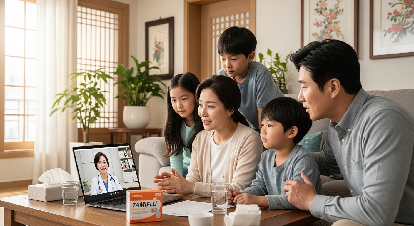 한국 가족이 화상 통화로 의사와 타미플루 사용법을 상담하는 모습