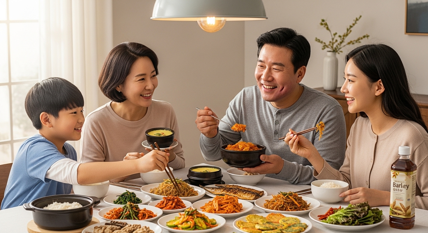 다양한 음식을 곁들인 한국 가족 저녁식사가 있는 모습으로 정상적인 식습관 복귀 표시