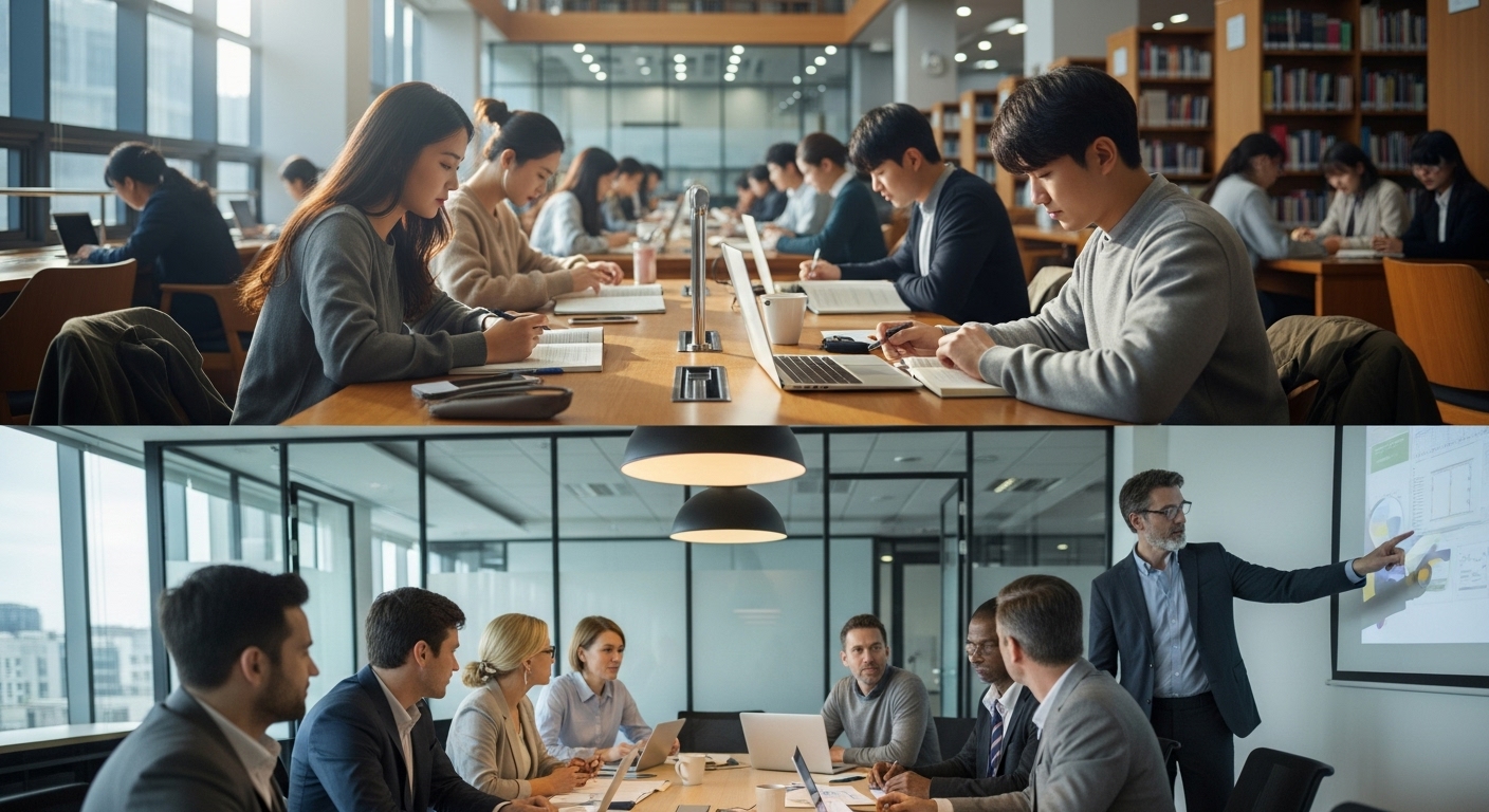 대학 도서관에서 노트북과 교재로 공부하는 젊은 성인들과 사무실에서 전략을 논의하는 중장년층
