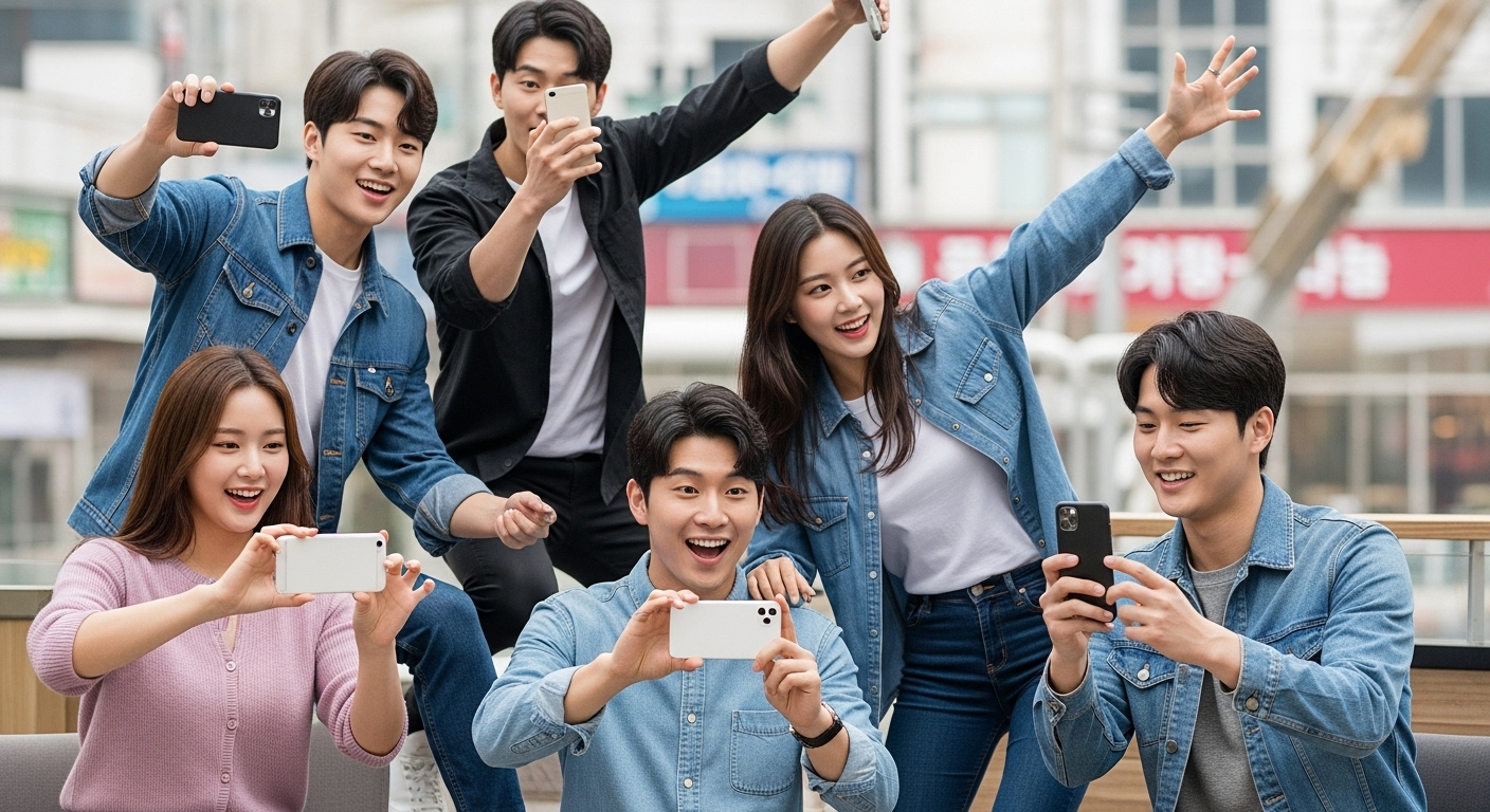 젊은 한국인들이 스마트폰을 이용해 활기찬 포즈로 SNS 챌린지에 참여하는 모습