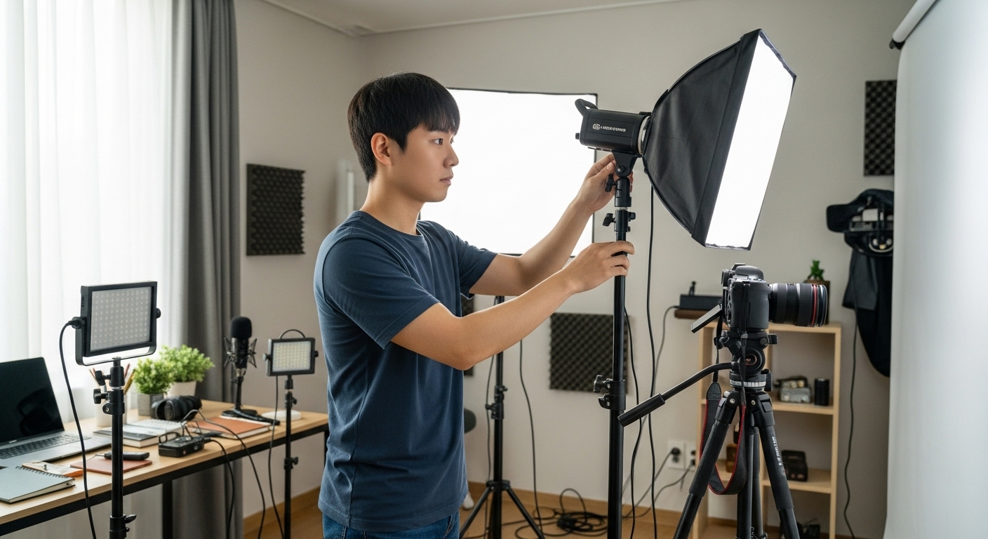 실내에서 조명과 카메라 장비를 설정하며 비디오 촬영을 준비하는 초보 콘텐츠 제작자