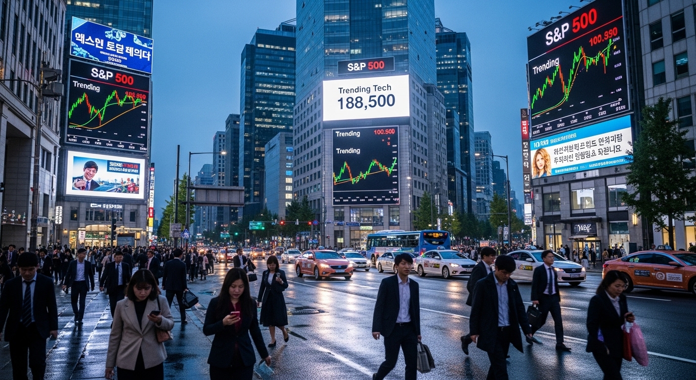 서울 금융 거리에서 S&P 500과 기술주 동향을 보여주는 디지털 광고판